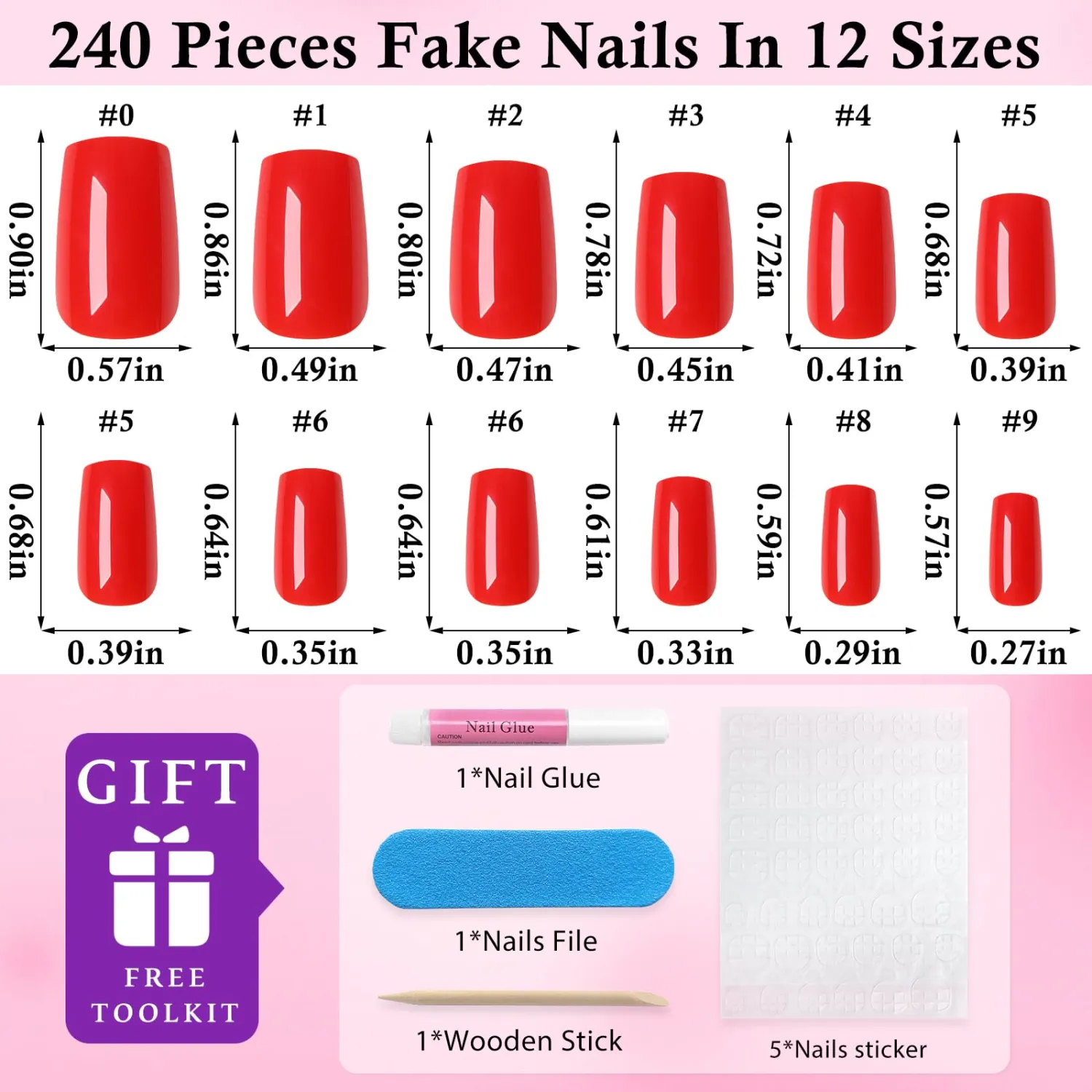240pc Bright Red Press on Nails Medium Square Fake Nail with Glue & Adhesive Tabs,Red Glue on Nails Medium Press ons Nail Square Acrylic Nail Press-on False Nail Artificial Fingernail for Women