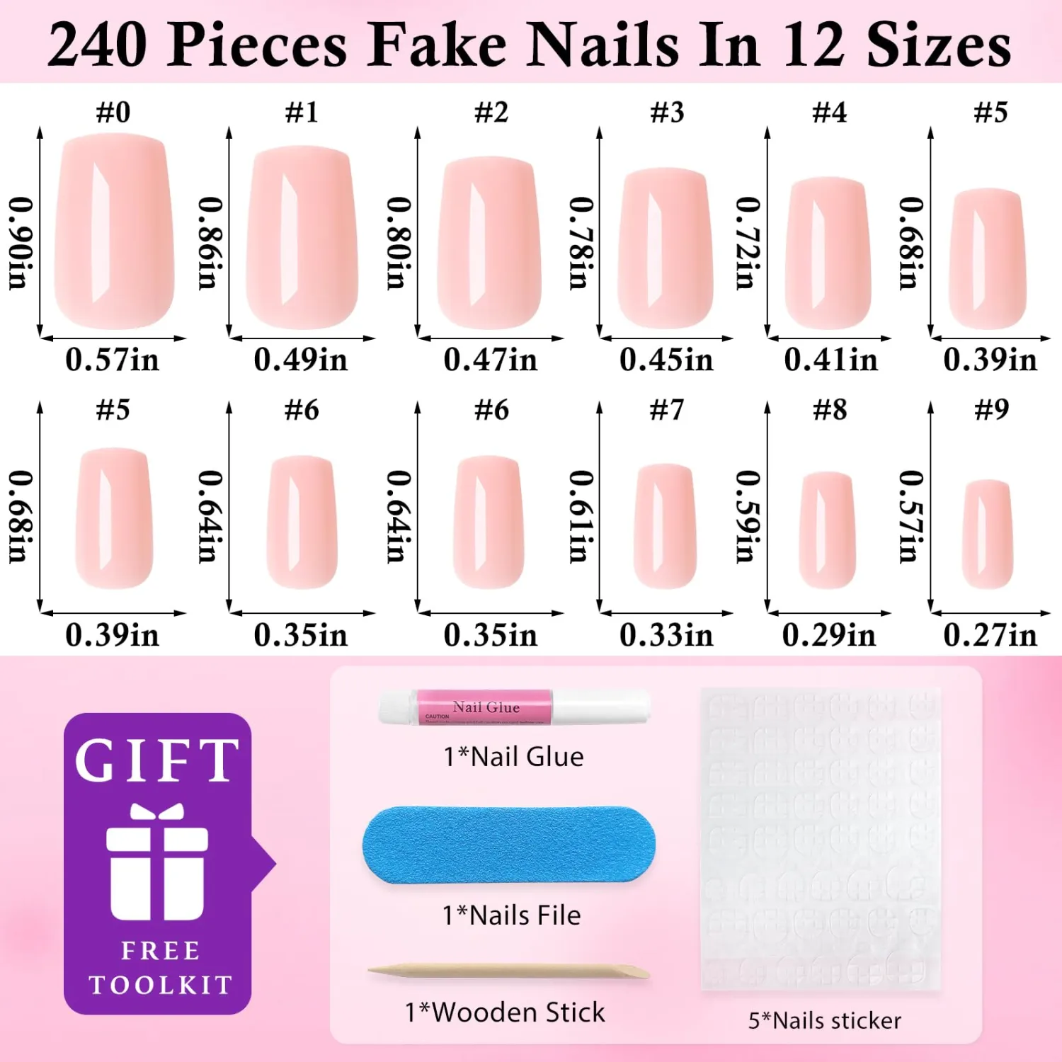 240pc Nude Pink Press on Nails Medium Square Fake Nail with Glue & Adhesive Tabs,Nude Glue on Nails Medium Press ons Nail Square Acrylic Nail Press-on False Nail Artificial Fingernail for Women