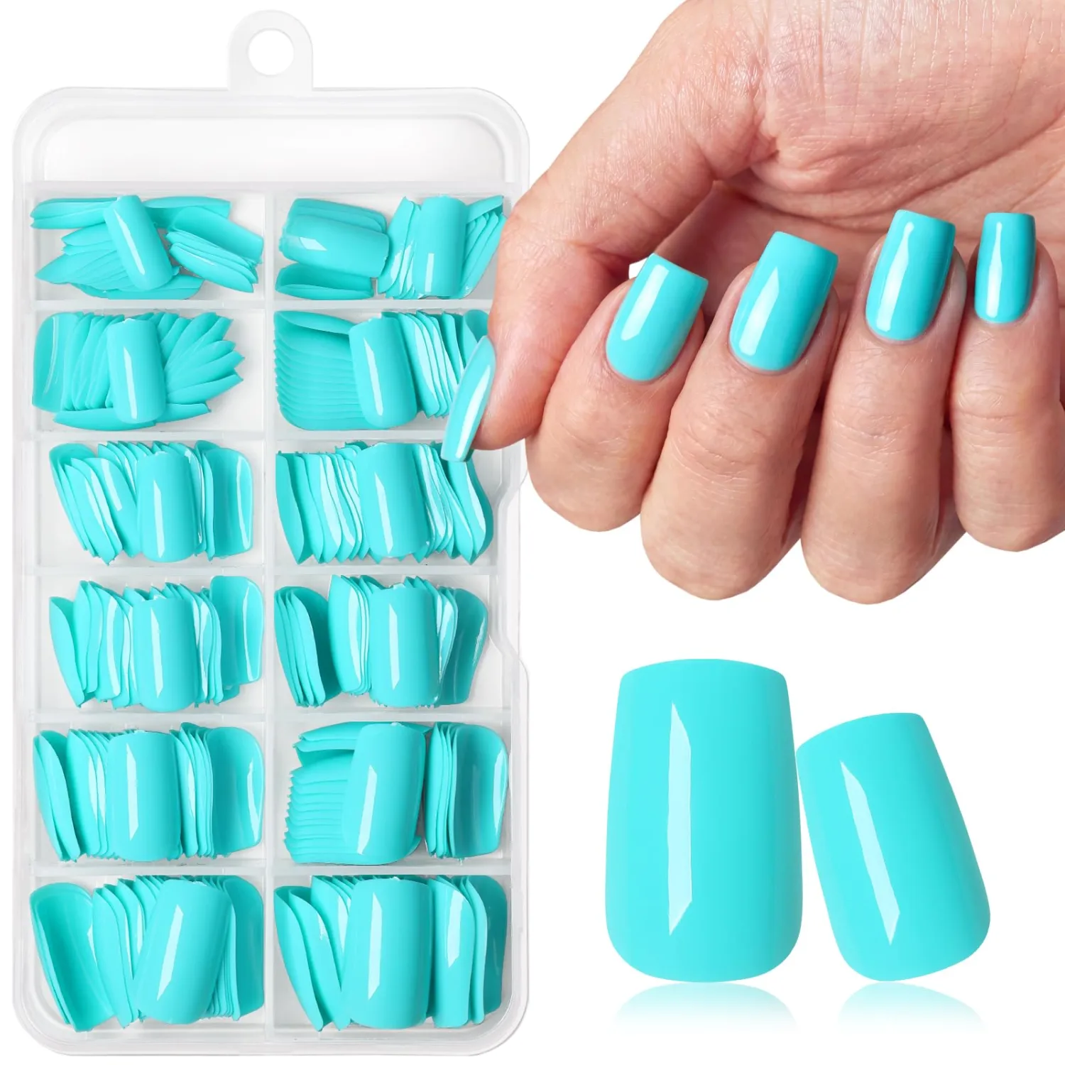 240pc Turquoise Blue Press on Nails Medium Square Fake Nail with Glue & Adhesive Tabs,Blue Glue on Nails Medium Press ons Nail Square Acrylic Nail Press-on False Nail Artificial Fingernail for Women