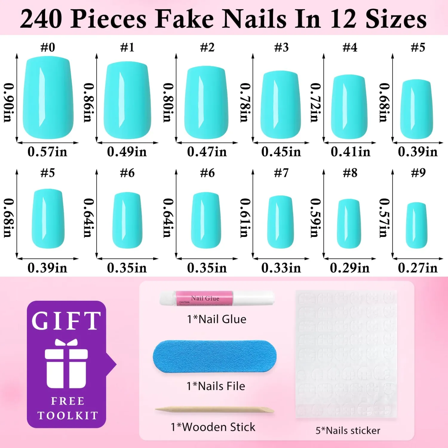 240pc Turquoise Blue Press on Nails Medium Square Fake Nail with Glue & Adhesive Tabs,Blue Glue on Nails Medium Press ons Nail Square Acrylic Nail Press-on False Nail Artificial Fingernail for Women