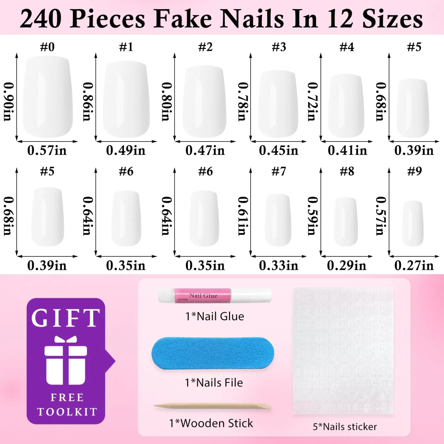 240pc White Press on Nails Medium Square Fake Nail with Glue & Adhesive Tabs,White Glue on Nails Medium Press ons Nail Square Acrylic Nail Press-on False Nail Artificial Fingernail for Women