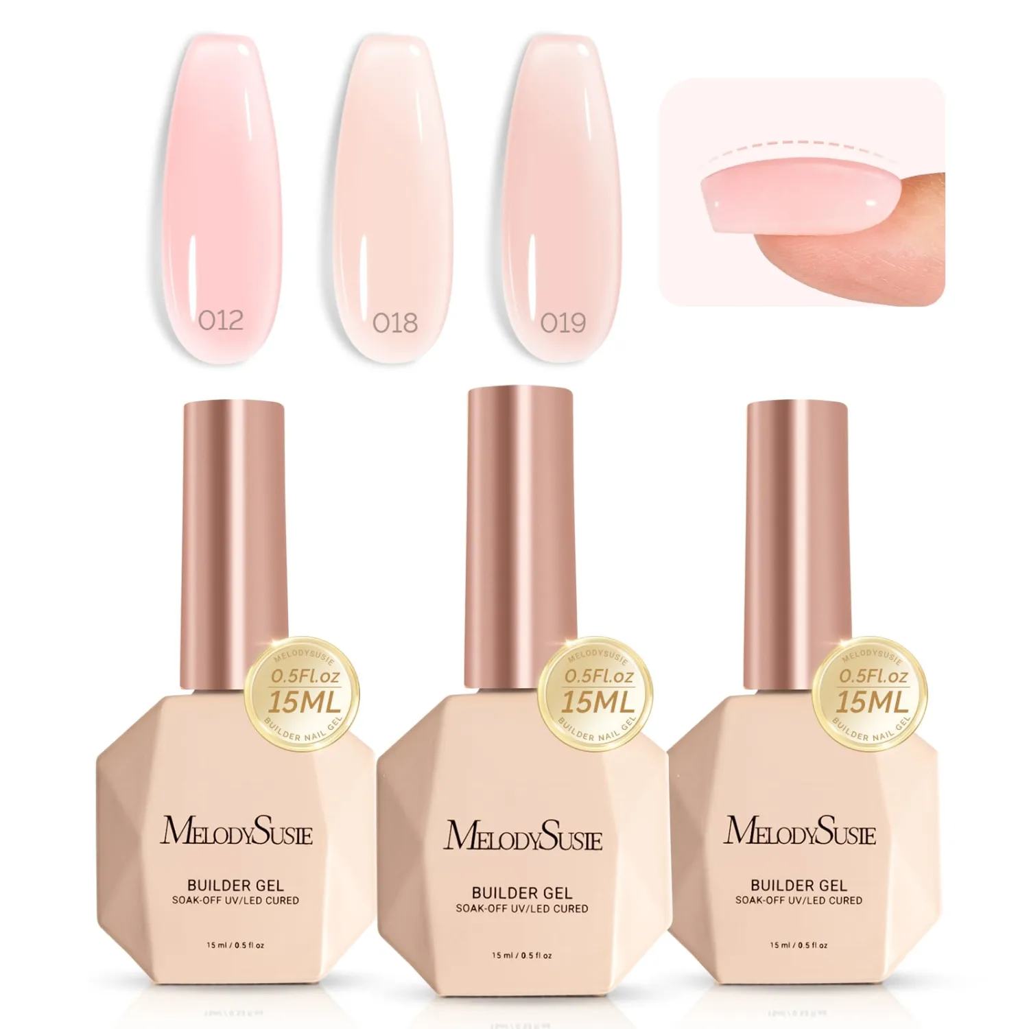 MelodySusie 3PCS 15ML Nude and Pink Base Colors Builder Gel Set for Nails Thickening, Soak Off UV Extension Gel Rhinestone Glue in a Bottle for Nail Art Design Gift for Women DIY Manicure at Home