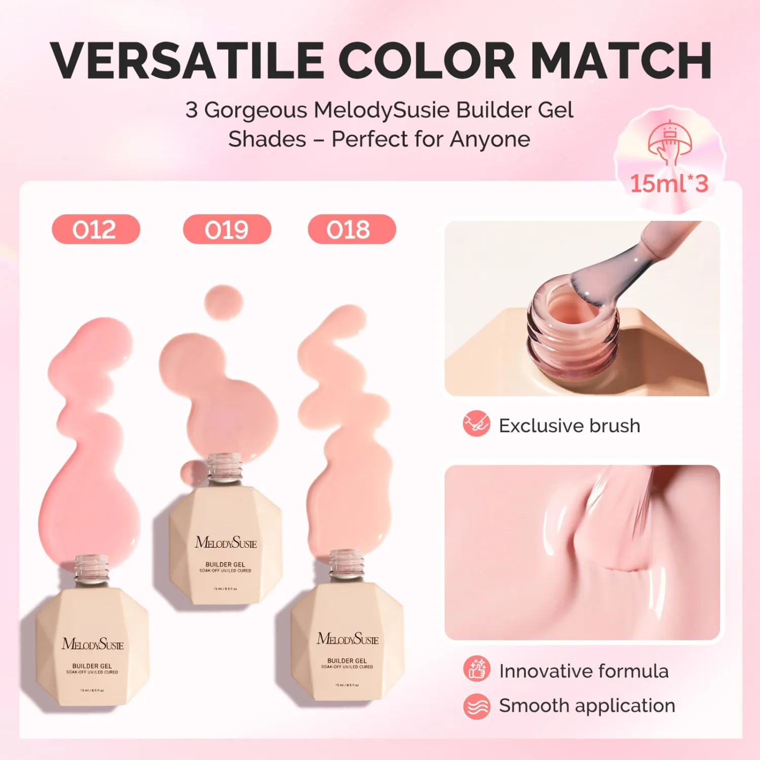 MelodySusie 3PCS 15ML Nude and Pink Base Colors Builder Gel Set for Nails Thickening, Soak Off UV Extension Gel Rhinestone Glue in a Bottle for Nail Art Design Gift for Women DIY Manicure at Home