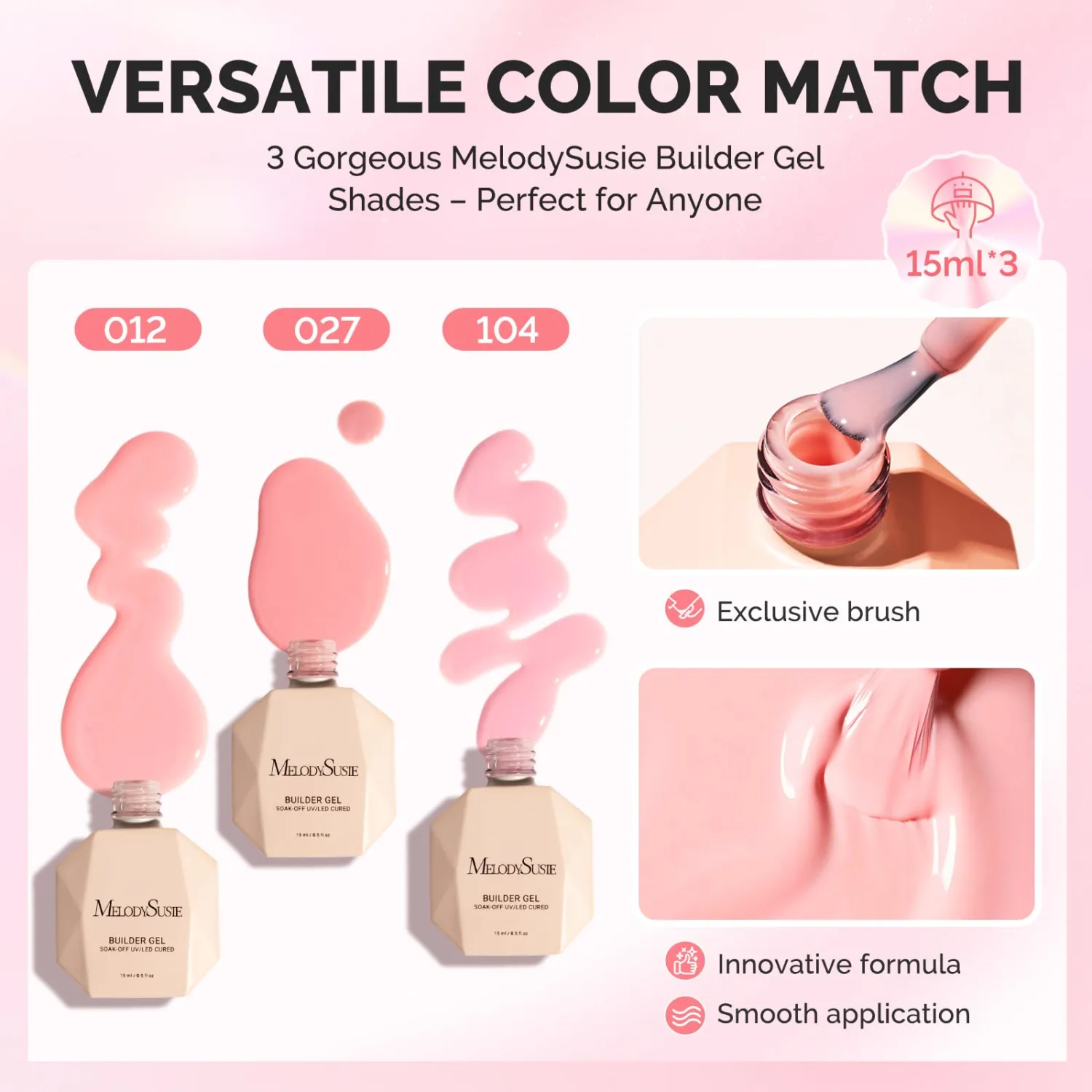 MelodySusie 3PCS 15ML Pink and Nude Pink Base Colors Builder Gel Set for Nails Thickening, Soak Off UV Extension Gel Rhinestone Glue in a Bottle for Nail Art Design Gift for Women DIY Manicure at Home