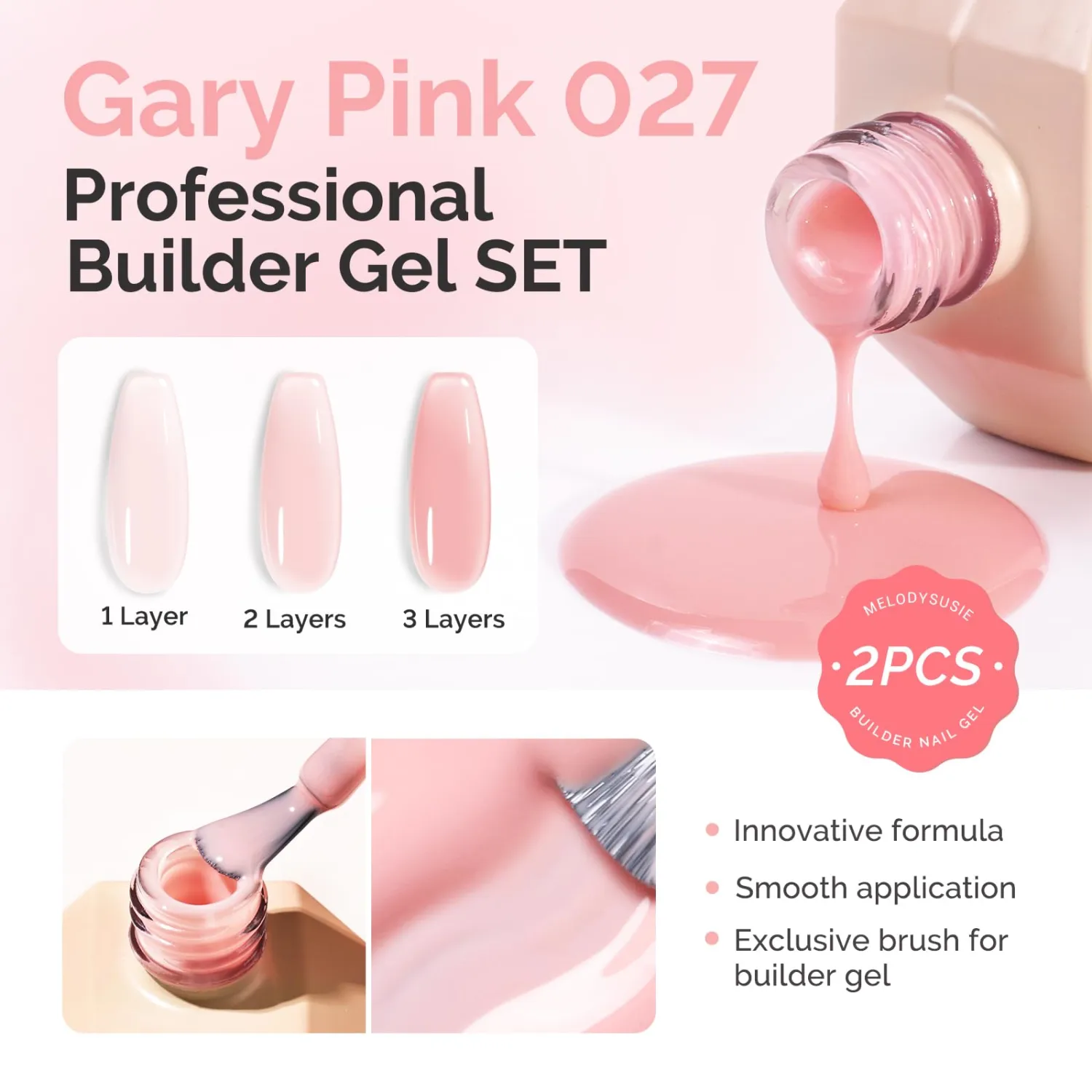 MelodySusie 2PCS 15ML Gray Pink Builder Nail Base Gel for Nails Thickening,Soak Off UV Extension Gel,Rhinestone Glue in a Bottle for Nail Art Design Gift for Women DIY Manicure at Home 027 * 2