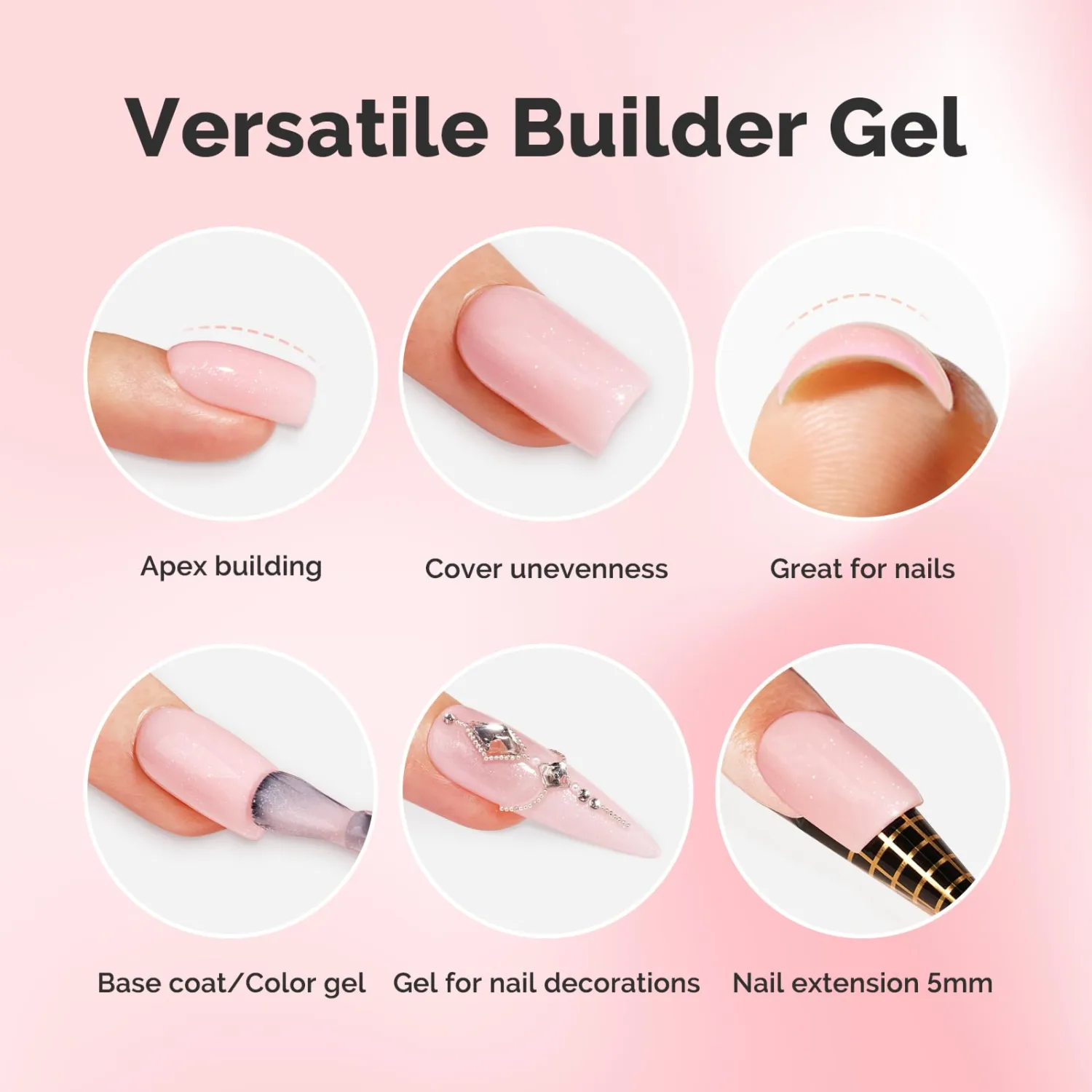 MelodySusie Pink Shimmer Builder Nail Base Gel for Nails Thickening, Soak Off UV Extension Gel, Rhinestone Nail Glue for Nail Art Design Salon DIY Manicure at Home Gift for Women-458