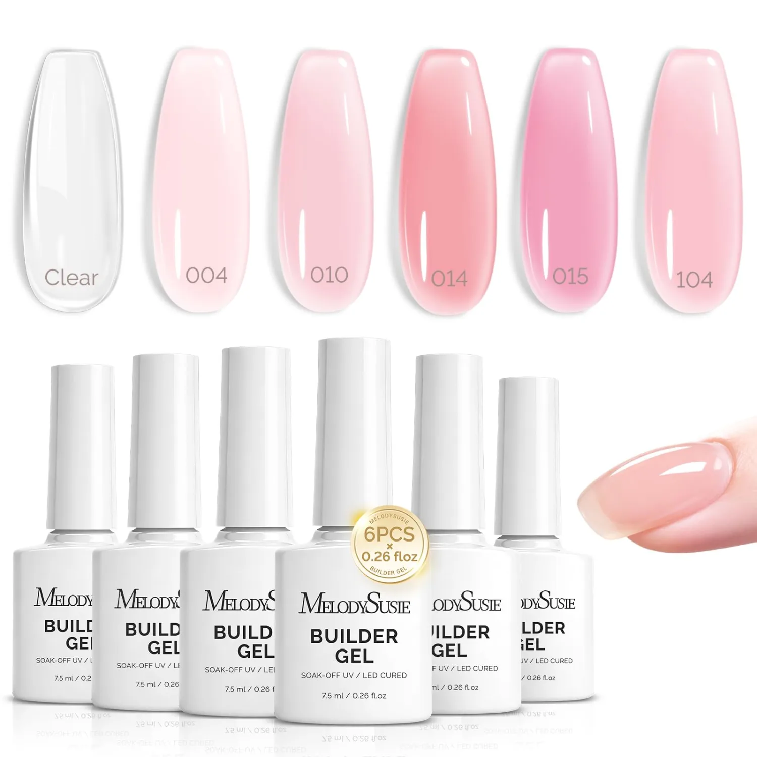 MelodySusie Builder Gel Nail Polish Set, Base Colors Jelly Pink Clear 8 in 1 Nail Thickening Rubber Base Gel Polish,Soak Off UV Extension,Rhinestone Nail Glue in a Bottle Gift for Women 6 Colors