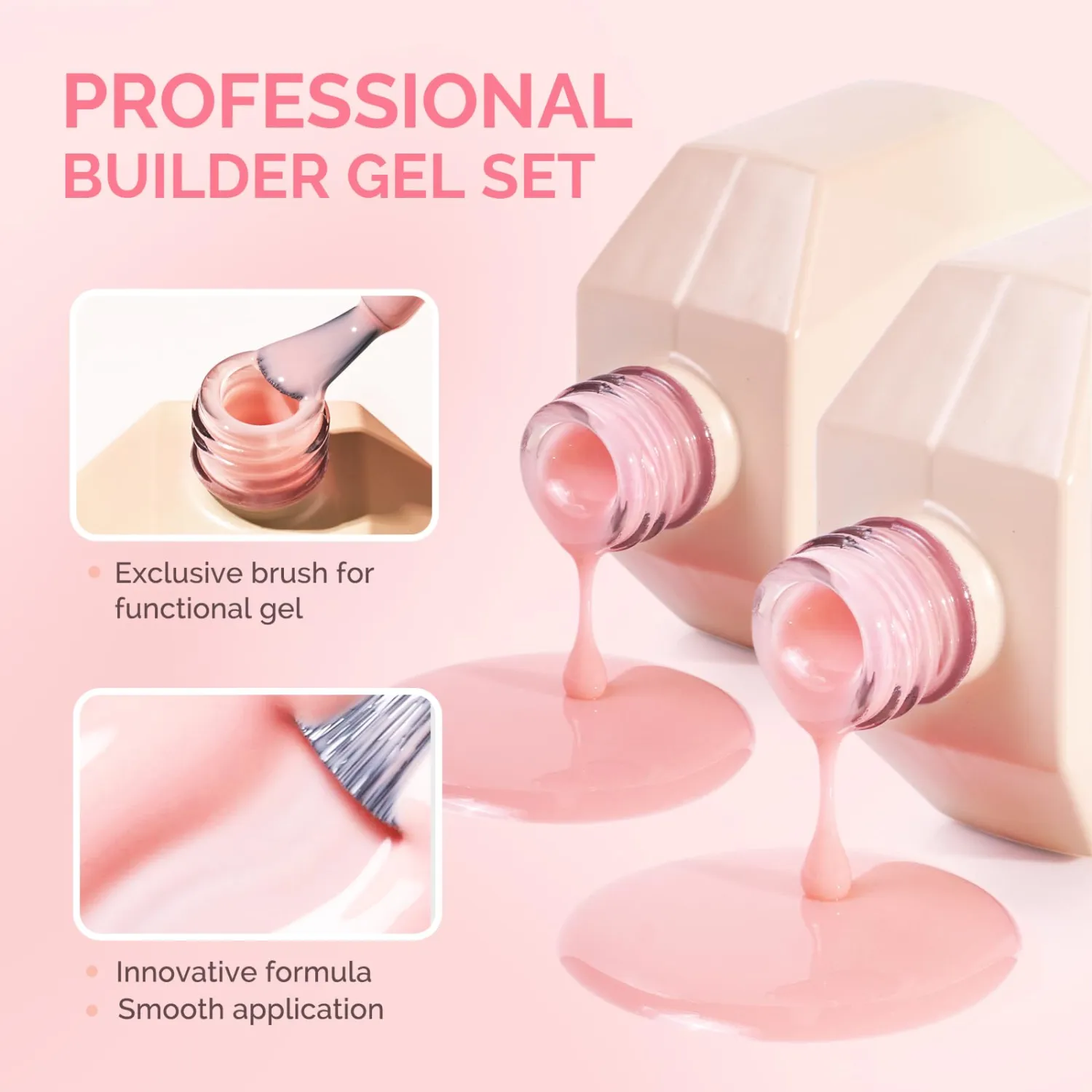 MelodySusie 2PCS 15ML Blush Pink and Pink Builder Gel Set for Nails Thickening, Soak Off UV Extension Gel Rhinestone Glue in a Bottle for Nail Art Design Gift for Women DIY Manicure at Home 012+027