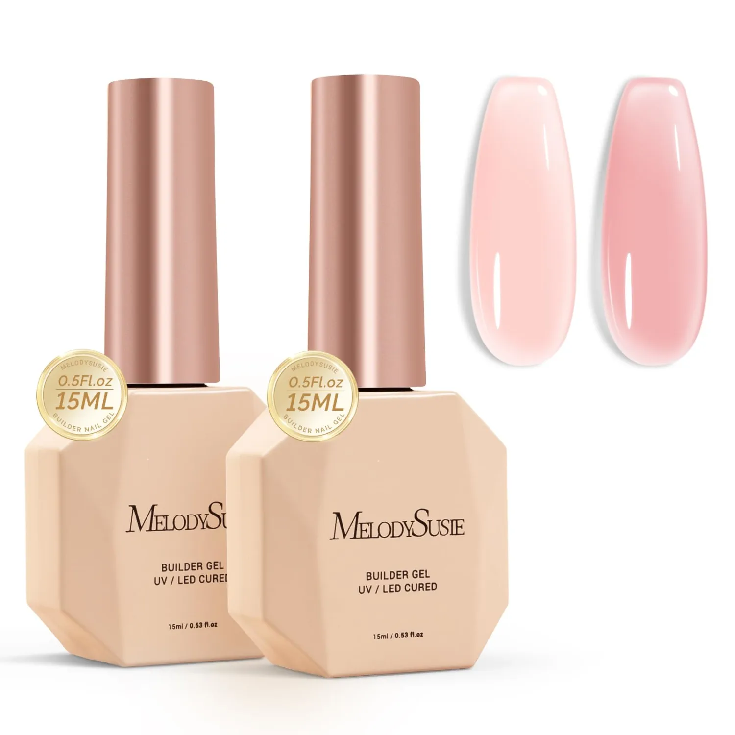 MelodySusie 2PCS 15ML Blush Pink and Pink Builder Gel Set for Nails Thickening, Soak Off UV Extension Gel Rhinestone Glue in a Bottle for Nail Art Design Gift for Women DIY Manicure at Home 012+027