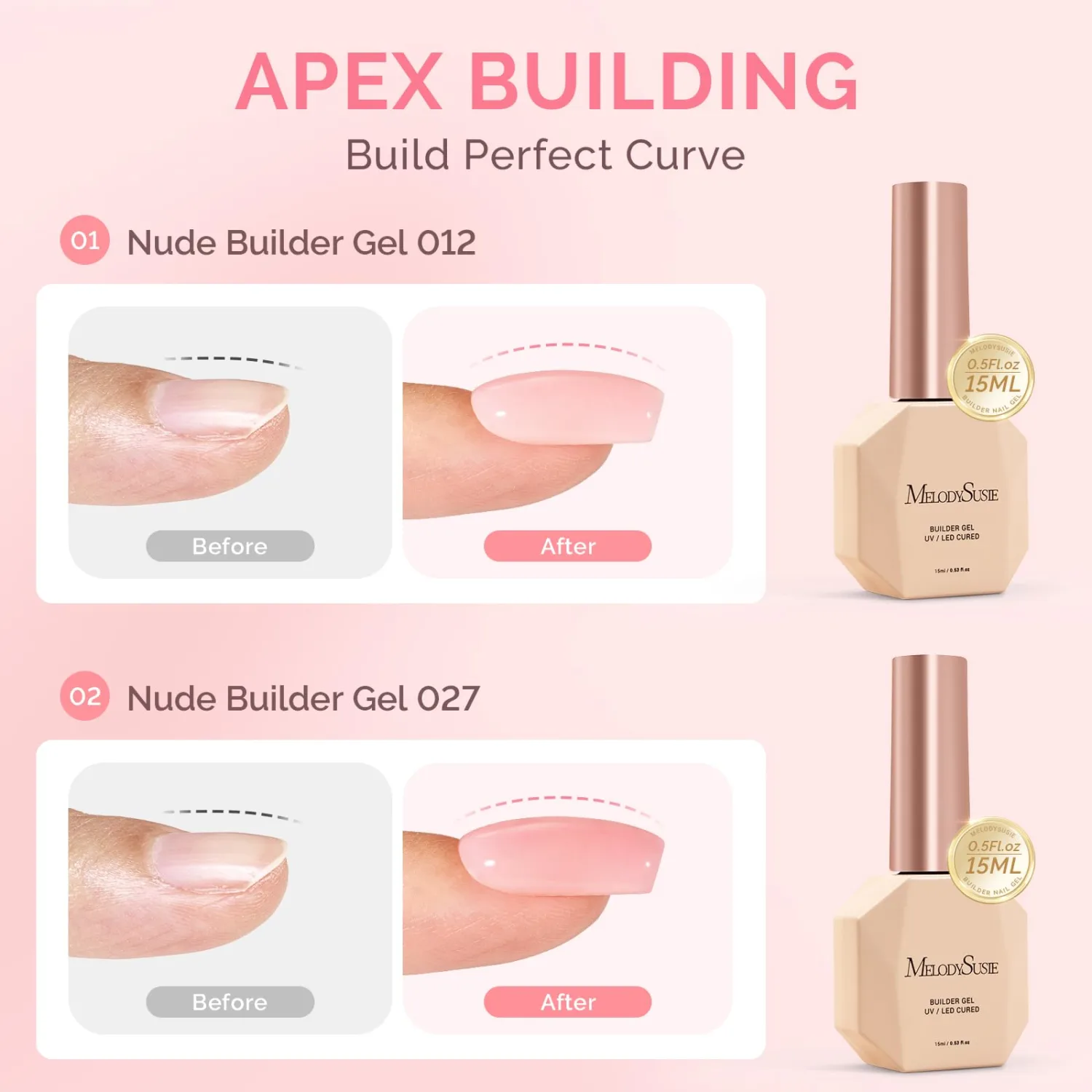 MelodySusie 2PCS 15ML Blush Pink and Pink Builder Gel Set for Nails Thickening, Soak Off UV Extension Gel Rhinestone Glue in a Bottle for Nail Art Design Gift for Women DIY Manicure at Home 012+027