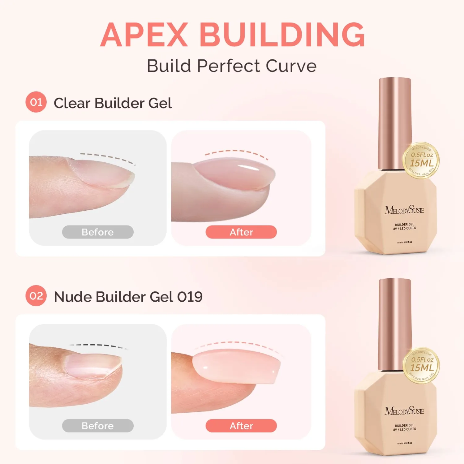 MelodySusie 2PCS 15ML Clear Nude Pink Builder Nail Base Gel for Nails Thickening,Soak Off UV Extension Gel,Rhinestone Glue in a Bottle for Nail Art Design Gift for Women Salon DIY Manicure at Home