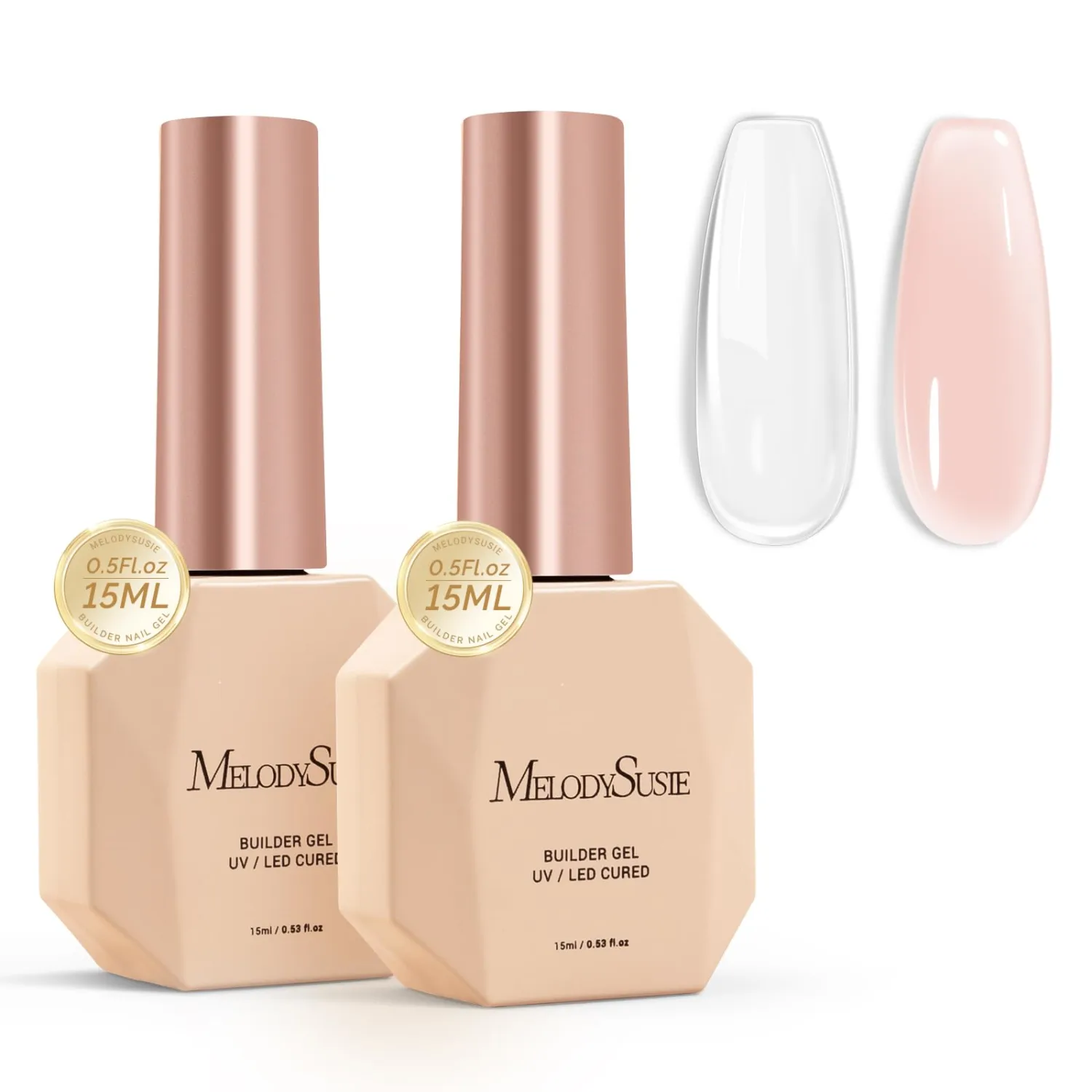 MelodySusie 2PCS 15ML Clear Nude Pink Builder Nail Base Gel for Nails Thickening,Soak Off UV Extension Gel,Rhinestone Glue in a Bottle for Nail Art Design Gift for Women Salon DIY Manicure at Home