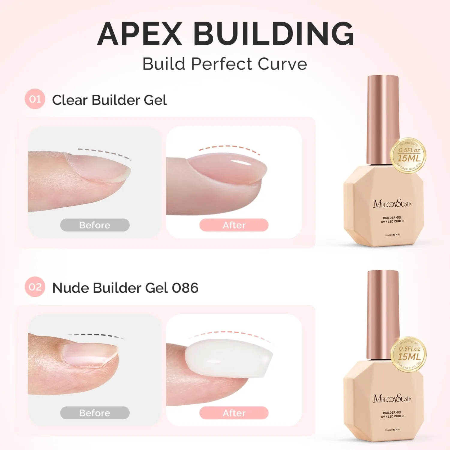 MelodySusie 2PCS 15ML Clear Milky White Builder Nail Base Gel for Nails Thickening,Soak Off UV Extension Gel,Rhinestone Nail Glue in a Bottle for Nail Art Design Gift for Women
