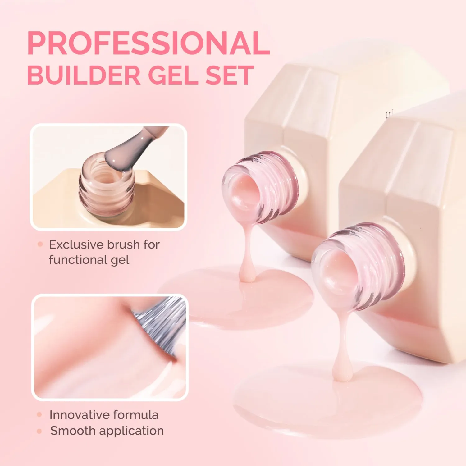 MelodySusie 2PCS 15ML Nude Builder Gel Set for Nails Thickening, Soak Off UV Extension Gel Rhinestone Glue in a Bottle for Nail Art Design Gift for Women DIY Manicure at Home 018+019
