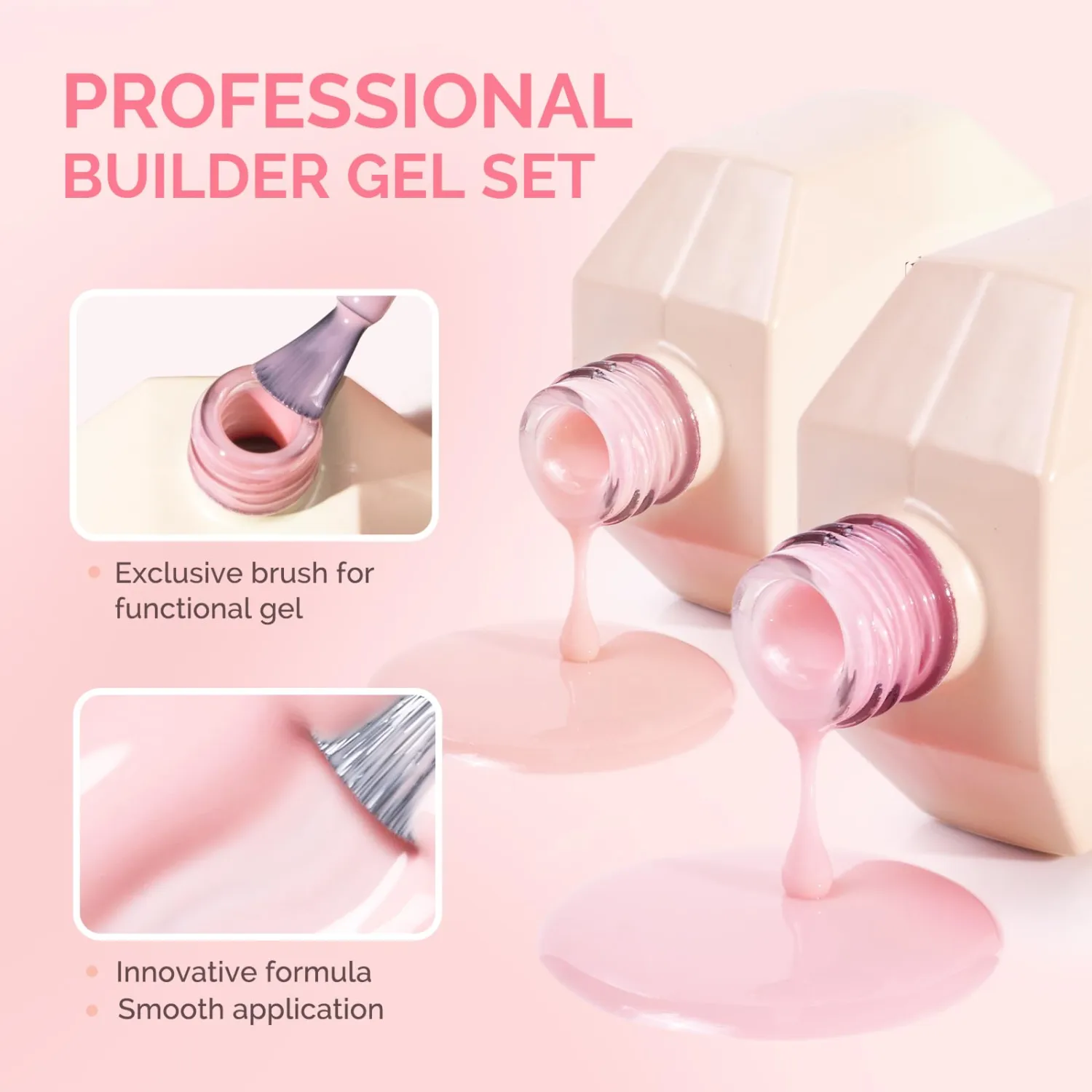 MelodySusie 2PCS 15ML Nude and Pink Builder Gel Set for Nails Thickening, Soak Off UV Extension Gel Rhinestone Glue in a Bottle for Nail Art Design Gift for Women DIY Manicure at Home