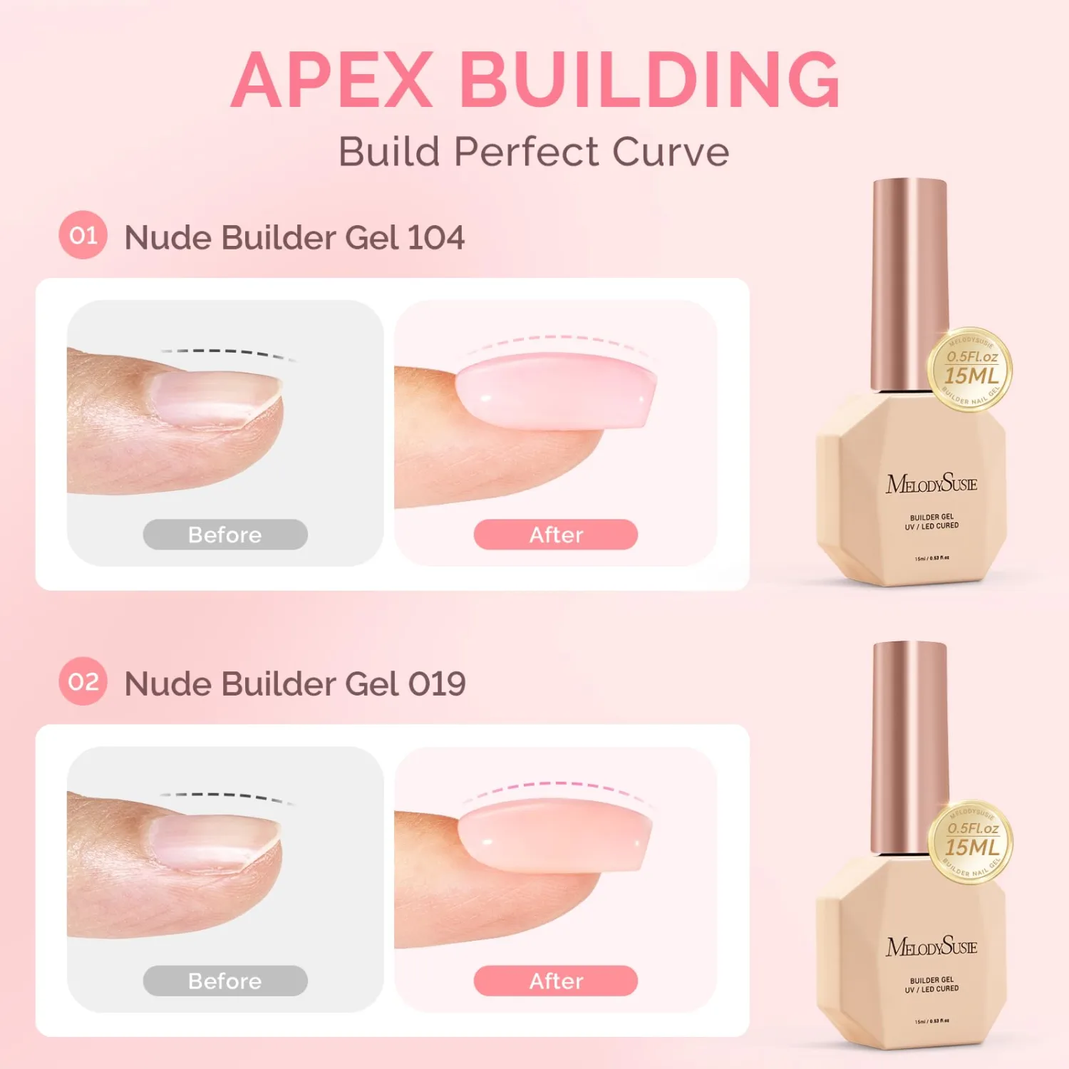 MelodySusie 2PCS 15ML Nude and Pink Builder Gel Set for Nails Thickening, Soak Off UV Extension Gel Rhinestone Glue in a Bottle for Nail Art Design Gift for Women DIY Manicure at Home