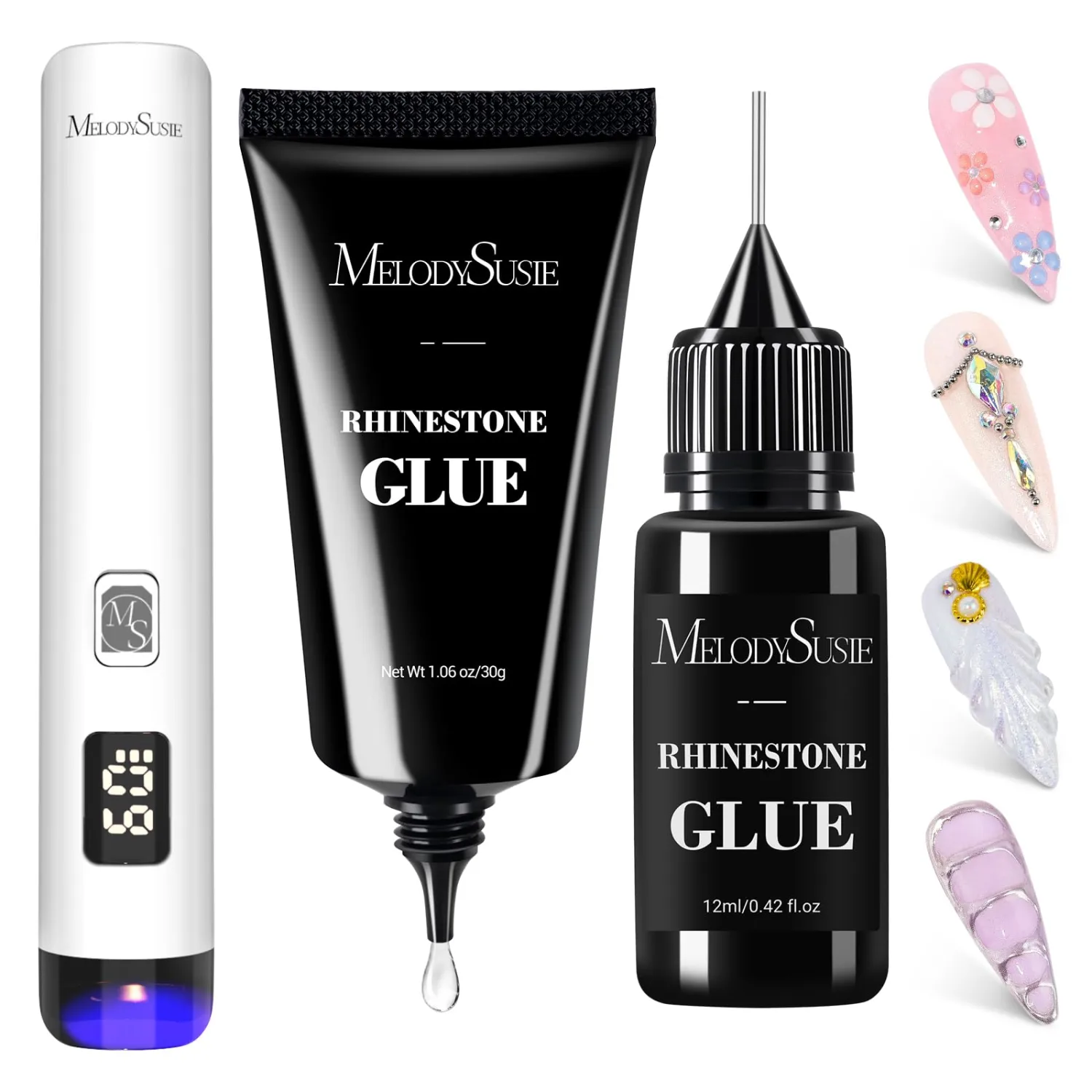 MelodySusie White Handheld UV Light for Gel Nails and Rhinestone Glue Kit