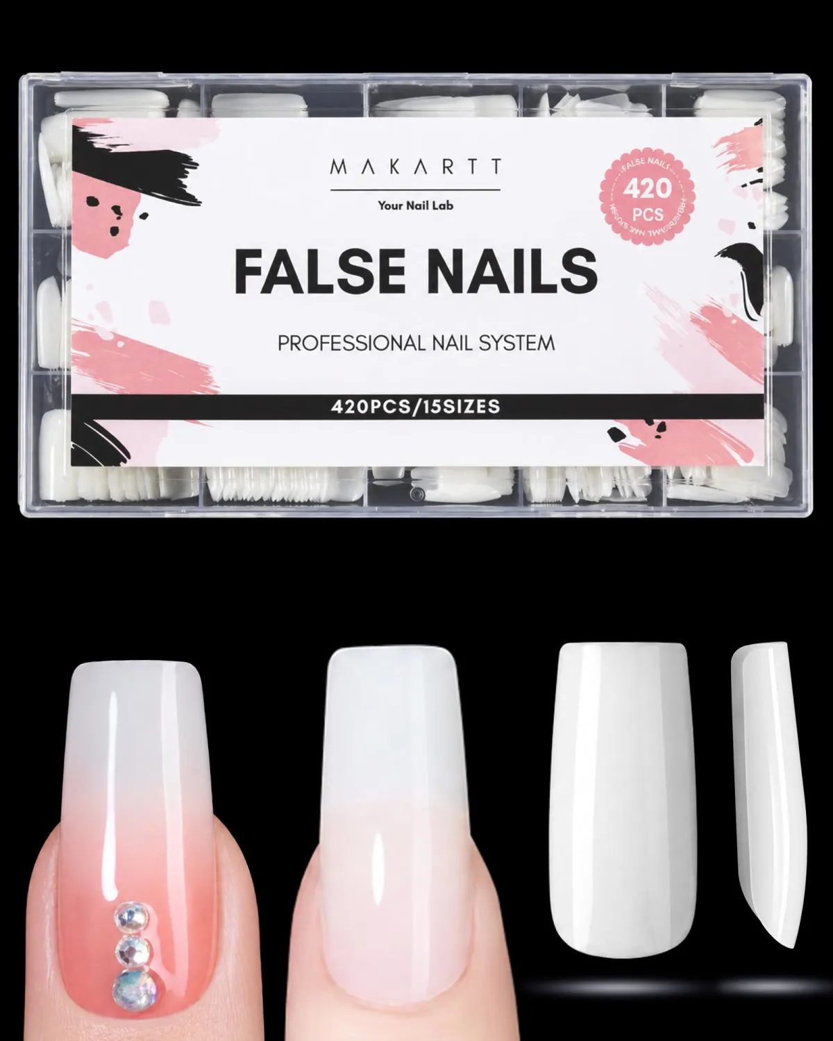 Makartt Natural White Square Nail Tips, 420 Pcs 15 Sizes Medium Press On Nails, Pre-Colored Full Cover PMMA Fake Nails For Extension, Base for French,Ombre Design, Salon Manicure And Home DIY Nail Art