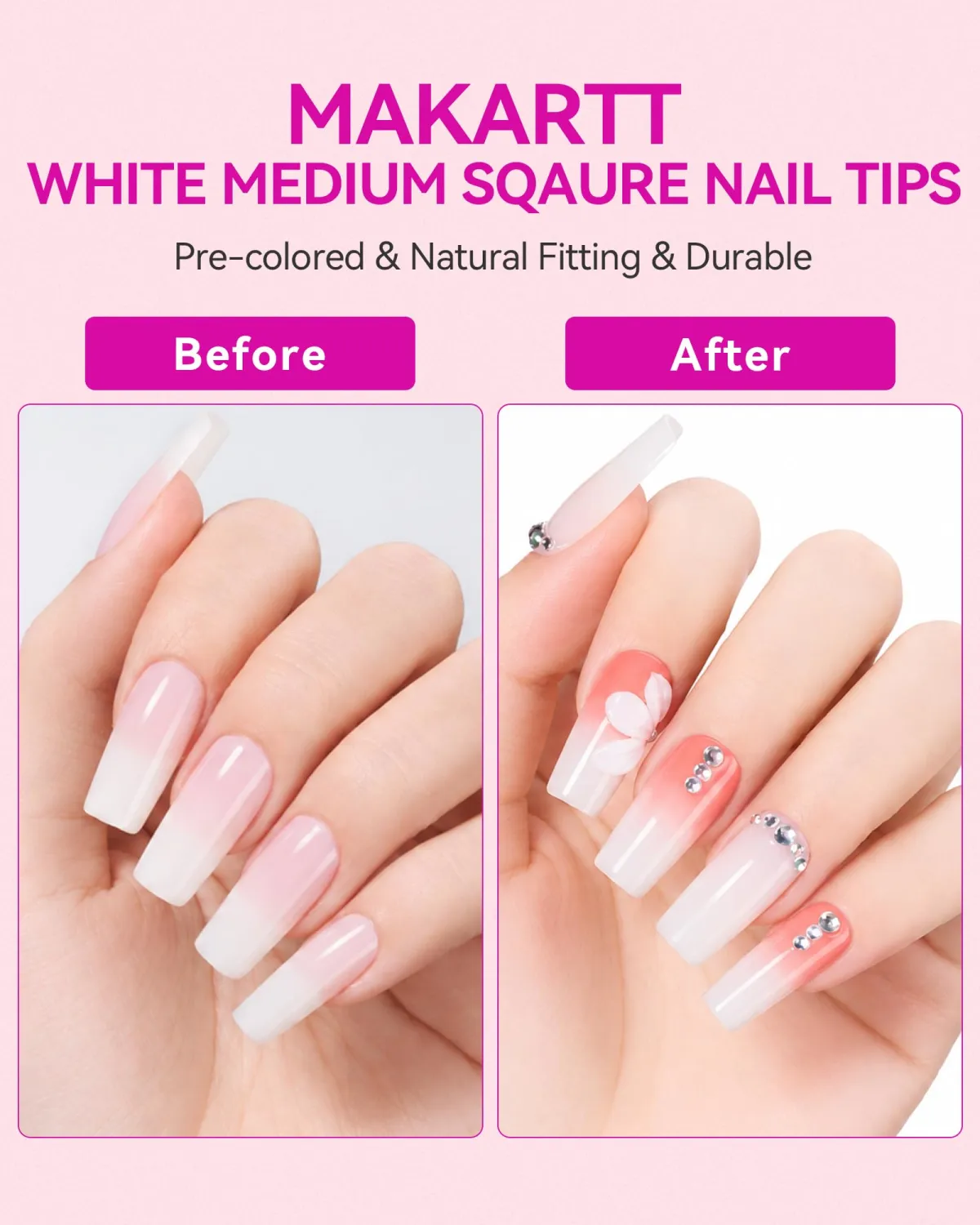 Makartt Natural White Square Nail Tips, 420 Pcs 15 Sizes Medium Press On Nails, Pre-Colored Full Cover PMMA Fake Nails For Extension, Base for French,Ombre Design, Salon Manicure And Home DIY Nail Art