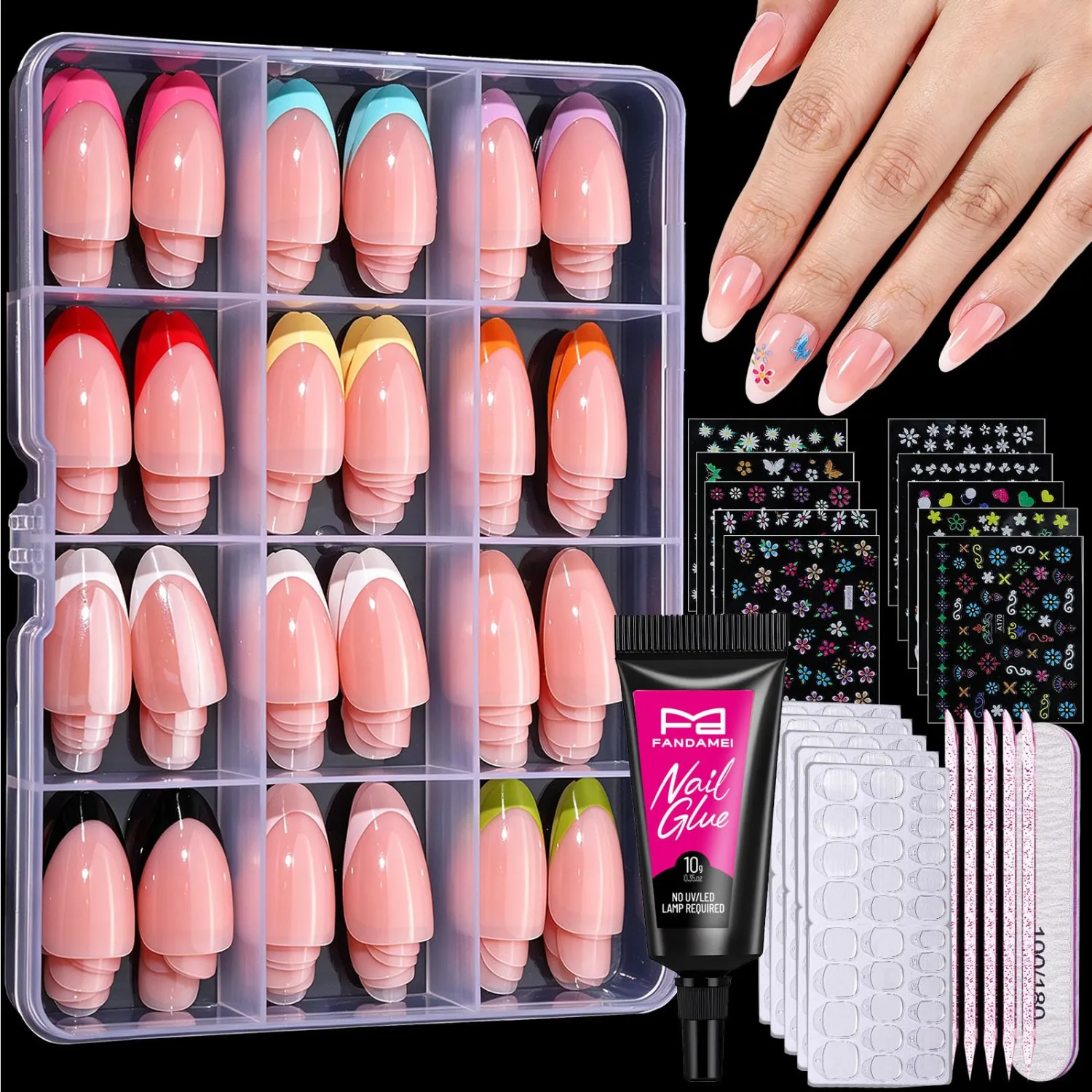 FANDAMEI Press on Nails, 12 Colors 288PCS Almond French Tip Press on Nails, Natural Fit Almond Fake Nails, French Tip Glue on Nails Short with Semi Solid Nail Glue for Acrylic, No UV Light Needed