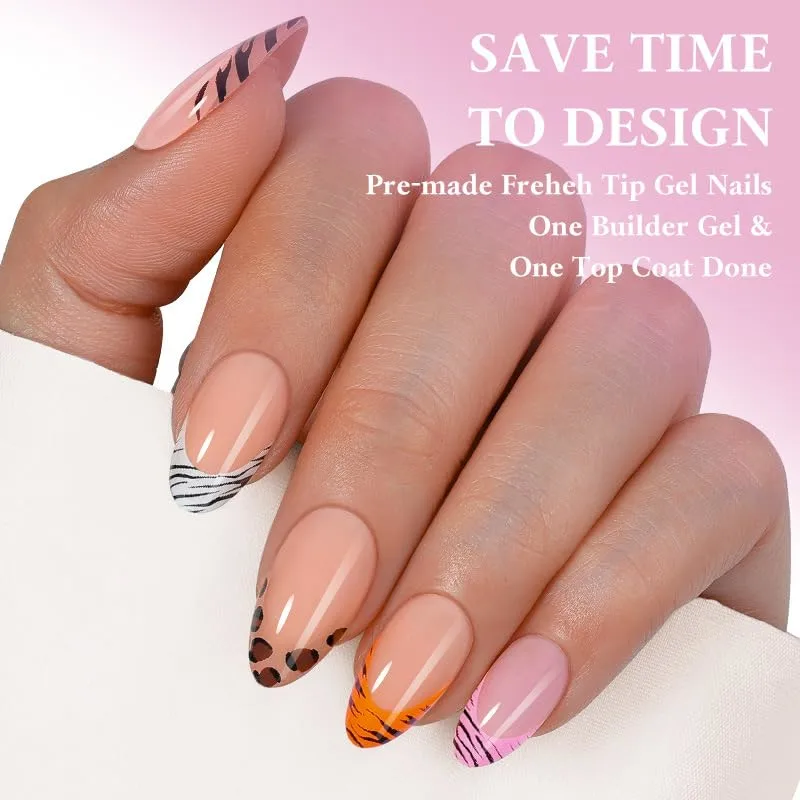 5Packs 160Pcs French Tip Press on Nails Leopard French Fake Nails Short Almond False Nails Stripe Line Nail Tips Glue on Nails Kit for Women Manicure Decoration Set 16 Size