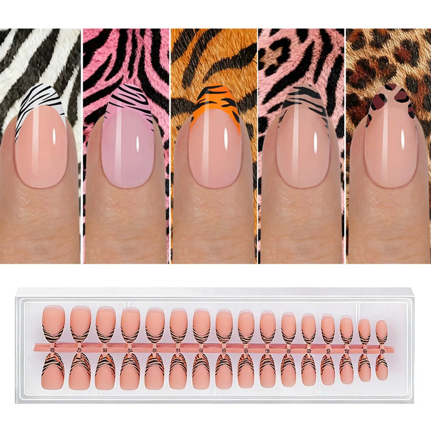5Packs 160Pcs French Tip Press on Nails Leopard French Fake Nails Short Almond False Nails Stripe Line Nail Tips Glue on Nails Kit for Women Manicure Decoration Set 16 Size