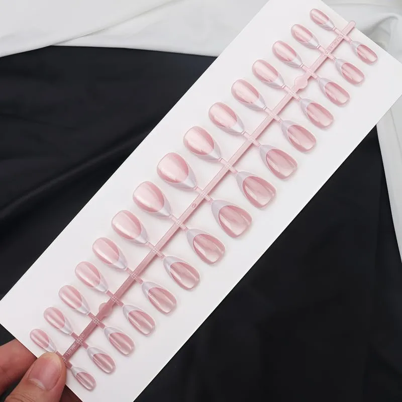 150Pcs 15Size French Tip Press on Nails Short Almond Fake Nails Glossy Cat Eye Acrylic Nail Nude Pink Nature False Nails Reusable Shiny Chrome Full Cover Glue on Nails for Women Nail Decoration