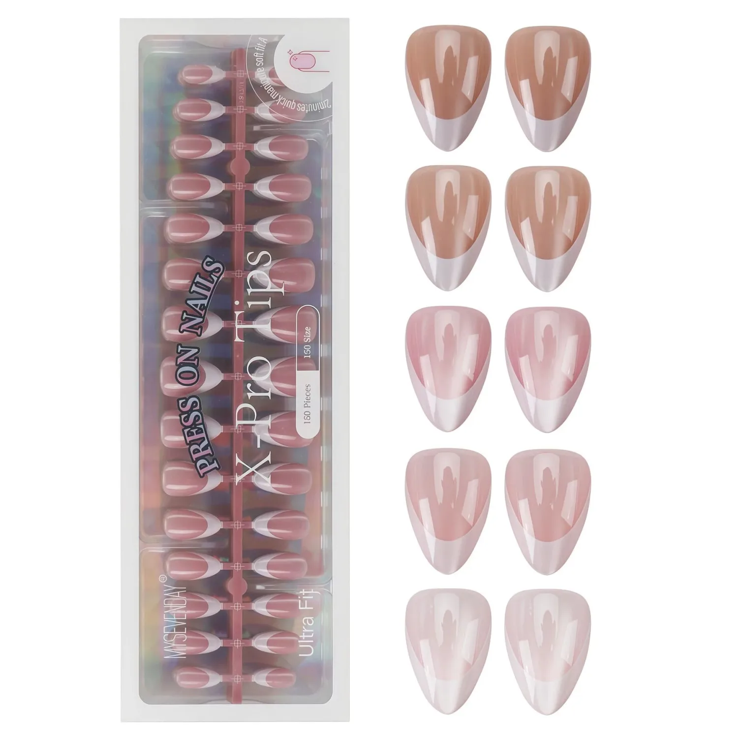 150Pcs 15Size French Tip Press on Nails Short Almond Fake Nails Glossy Cat Eye Acrylic Nail Nude Pink Nature False Nails Reusable Shiny Chrome Full Cover Glue on Nails for Women Nail Decoration