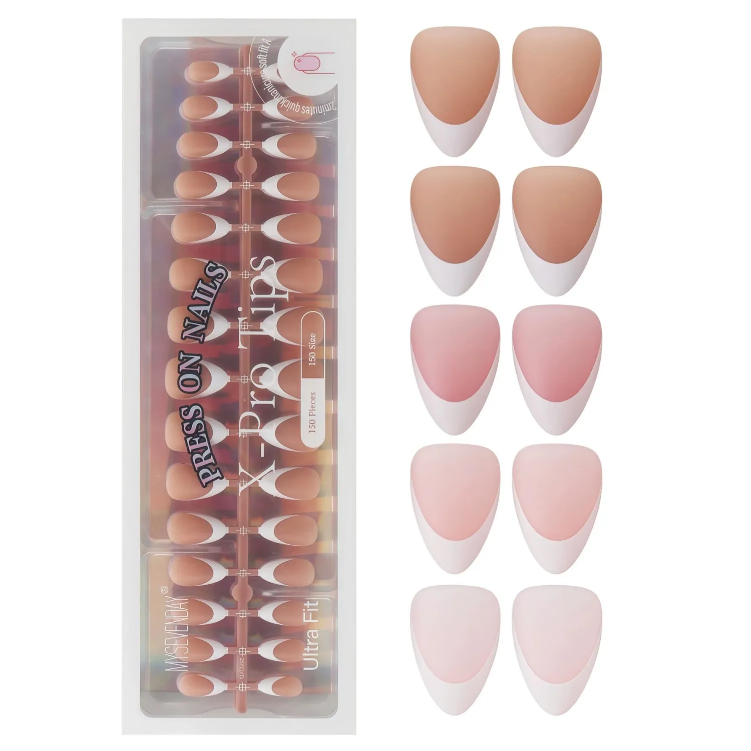 150Pcs - 15Size French Tip Press on Nails Short Almond Fake Nails Glossy French Nail Tips Matte Nature Acrylic Nails Reusable Full Cover Glue on Nails for Women Nail Decoration