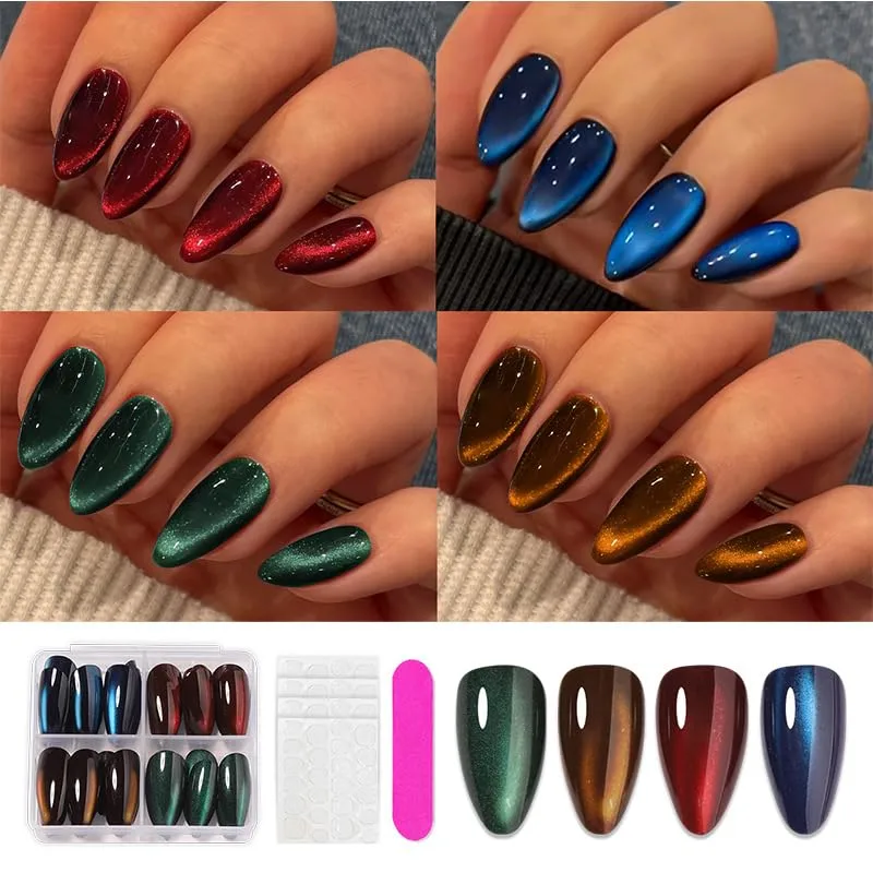 4Packs 96Pcs Cat Eye Press on Nails Medium Almond Fake Nails Glossy Solid Color Acrylic Nails Shiny Glitter Gradient Red Blue Green Glue on Nails Kit for Women Manicure Decoration Set 12 Size