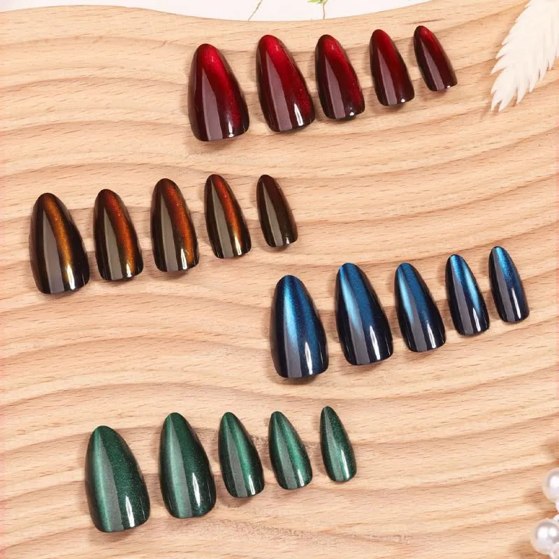 4Packs 96Pcs Cat Eye Press on Nails Medium Almond Fake Nails Glossy Solid Color Acrylic Nails Shiny Glitter Gradient Red Blue Green Glue on Nails Kit for Women Manicure Decoration Set 12 Size