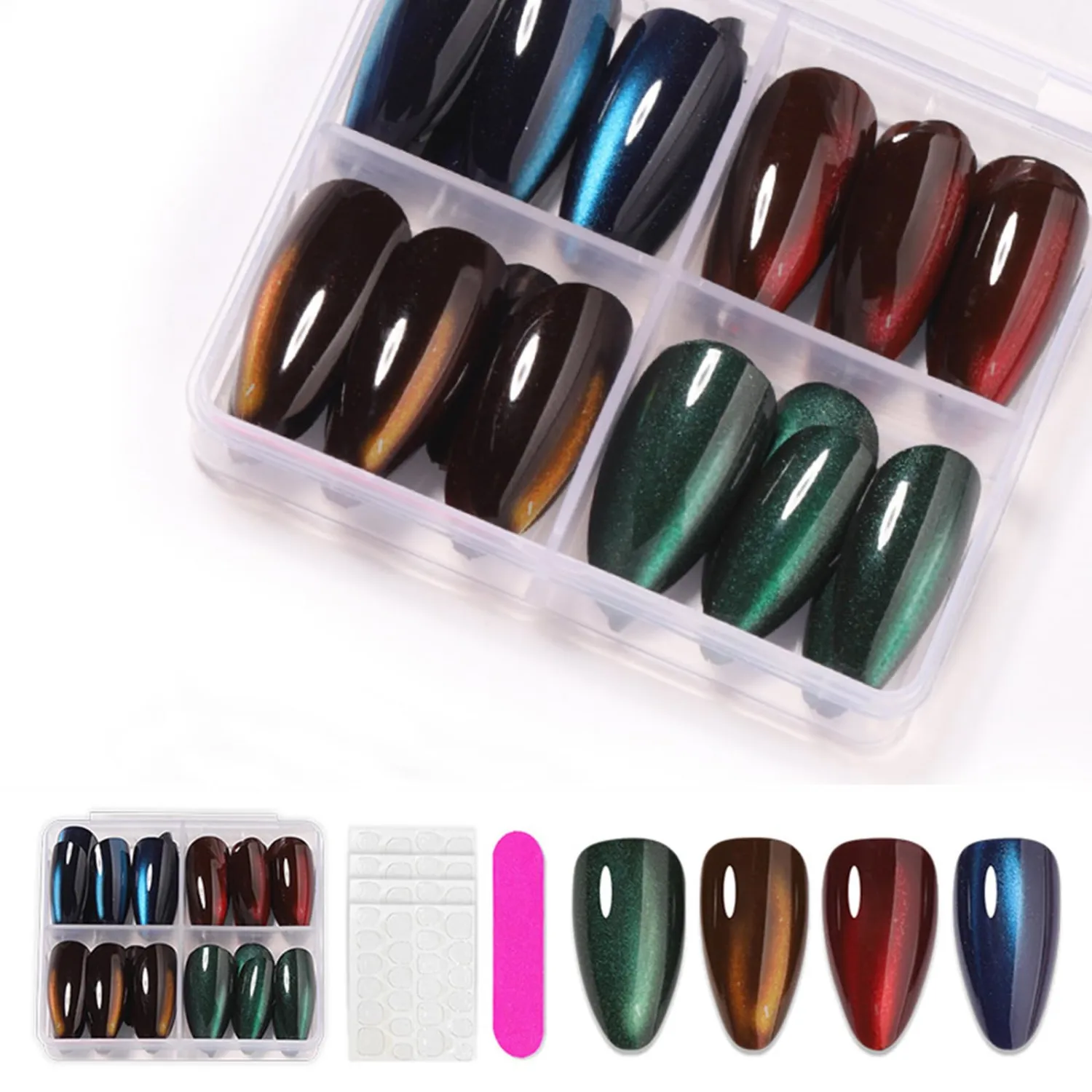 4Packs 96Pcs Cat Eye Press on Nails Medium Almond Fake Nails Glossy Solid Color Acrylic Nails Shiny Glitter Gradient Red Blue Green Glue on Nails Kit for Women Manicure Decoration Set 12 Size