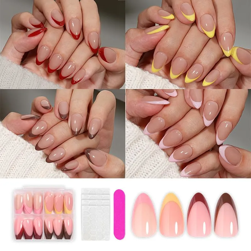 4Packs 96Pcs French Tip Press on Nails Medium Almond Fake Nails Glossy French Acrylic Nails Red Pink Yellow Nail Tips Glue on Nails Kit for Women Manicure Decoration Set 12 Size