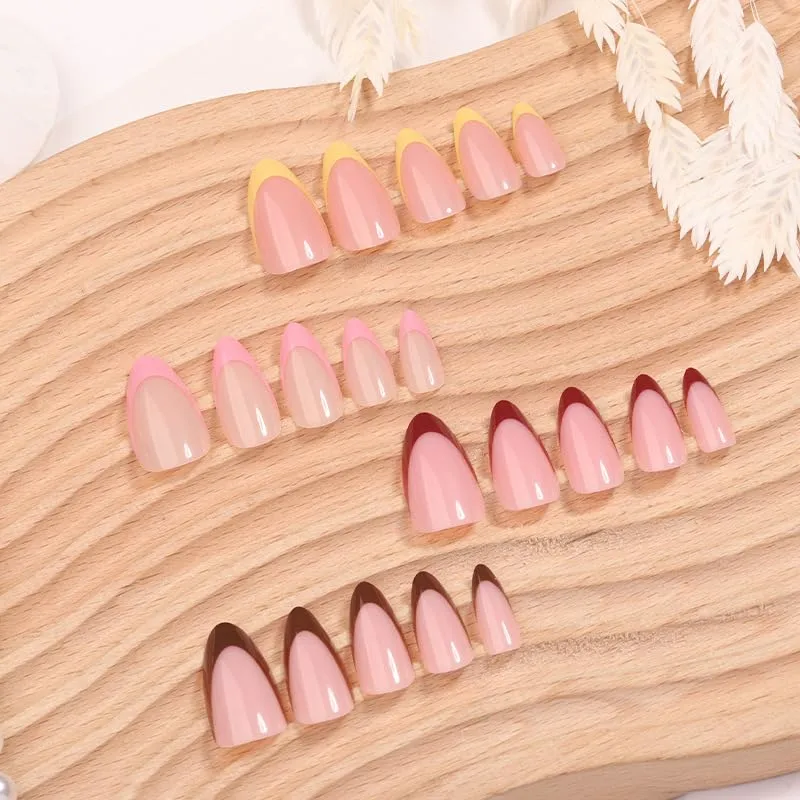 4Packs 96Pcs French Tip Press on Nails Medium Almond Fake Nails Glossy French Acrylic Nails Red Pink Yellow Nail Tips Glue on Nails Kit for Women Manicure Decoration Set 12 Size