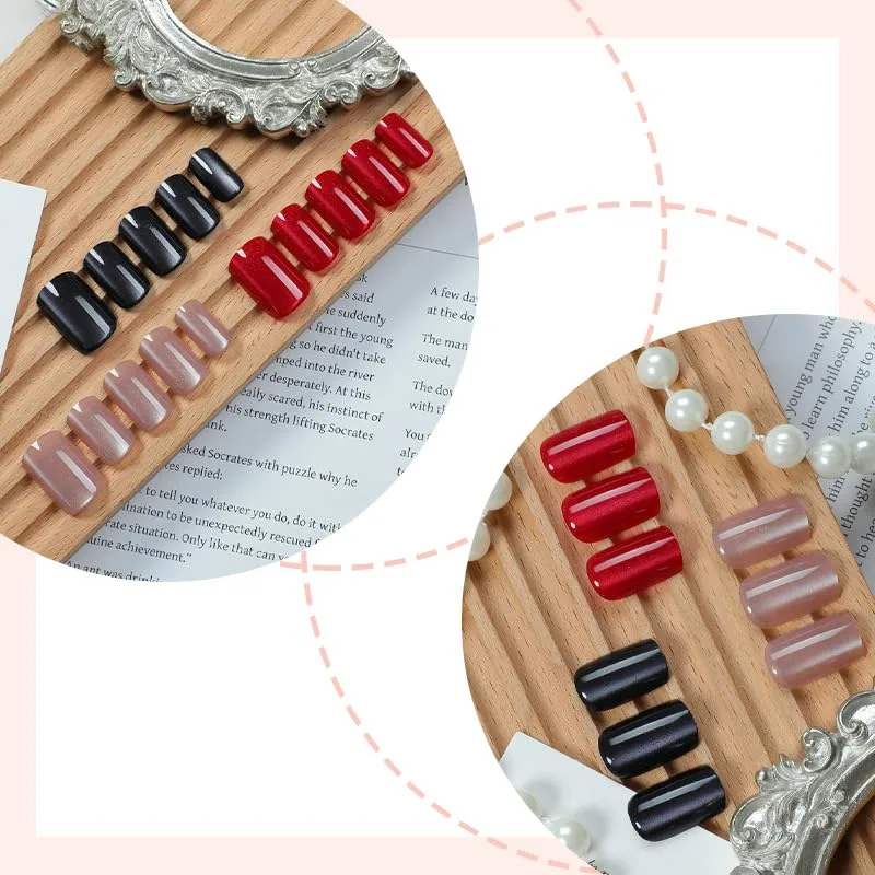 3Packs 72Pcs Square Press on Nails Short Cat Eye Fake Nails Glossy Glitter Acrylic Nails Black Red Pink Gel Glue on False Nails Press ons Manicure Kit for Women Girls 12 Sizes