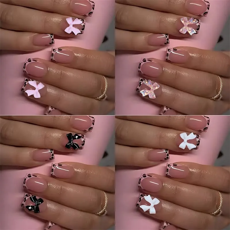 4Packs 96Pcs French Tip Press on Nails Short Square Fake Nails Pink Leopard French Acrylic Nails Bow Charms Glue on Nails Kit for Women Girls Manicure Decoration Set 12 Size