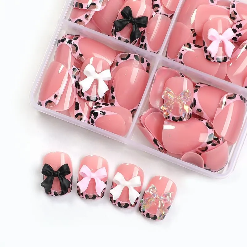 4Packs 96Pcs French Tip Press on Nails Short Square Fake Nails Pink Leopard French Acrylic Nails Bow Charms Glue on Nails Kit for Women Girls Manicure Decoration Set 12 Size