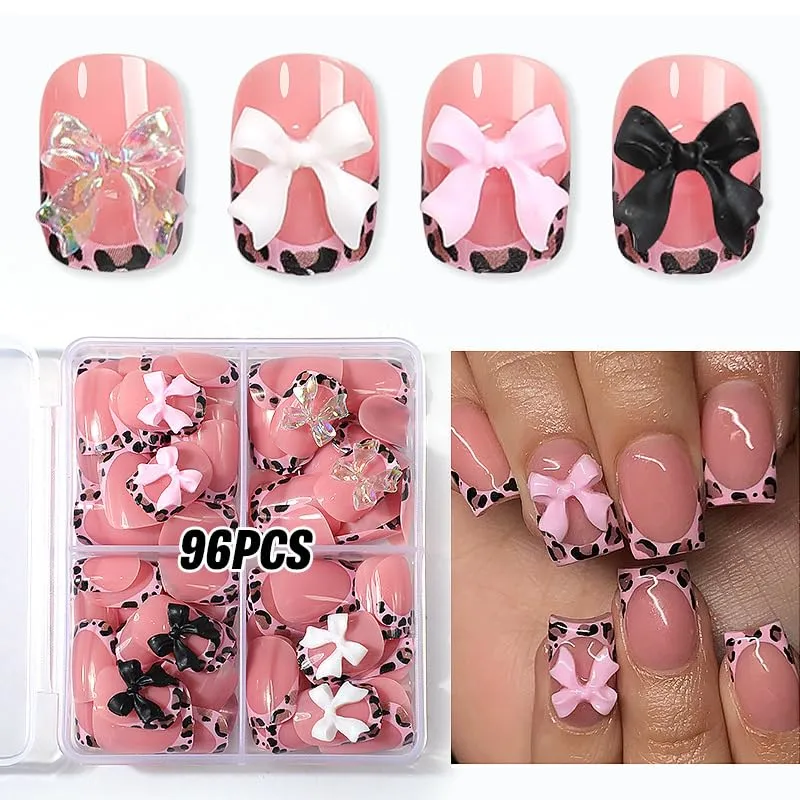 4Packs 96Pcs French Tip Press on Nails Short Square Fake Nails Pink Leopard French Acrylic Nails Bow Charms Glue on Nails Kit for Women Girls Manicure Decoration Set 12 Size