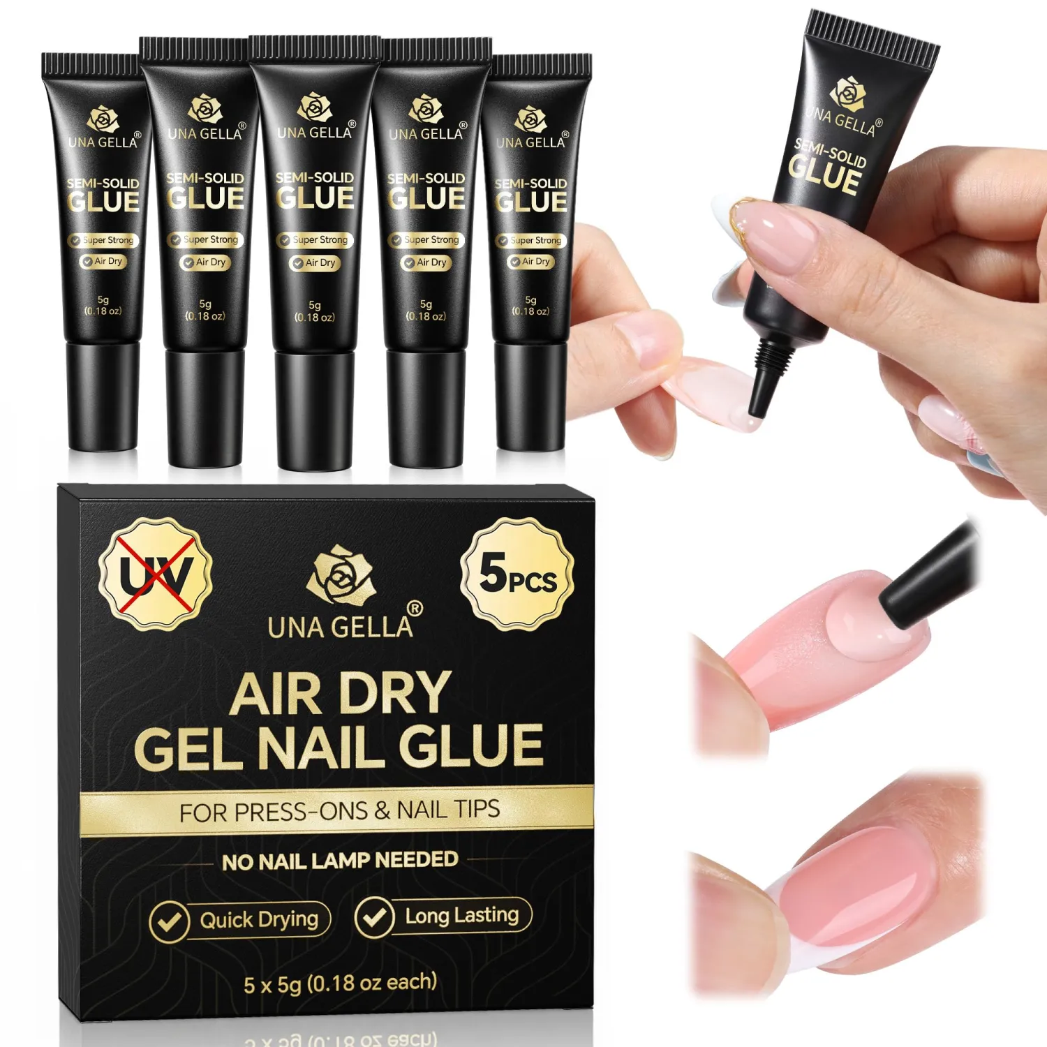 UNA GELLA 5 Pack 5g Solid Nail Glue, Air-Dry Strong Nail Glue for Press Ons