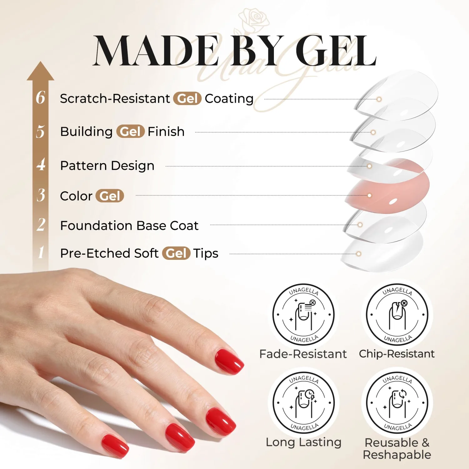 UNA GELLA Red Fall Press on Nails Short Squoval Classic True Red Fake Nails