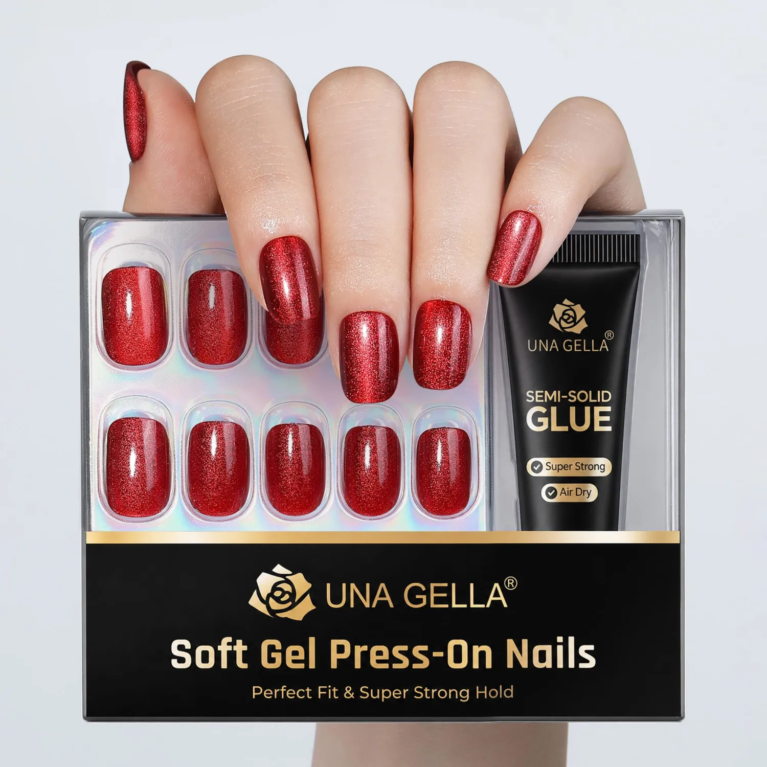 UNA GELLA Red Cat Eye Press on Nails Short Squoval Fall Fake Nails 32Pcs