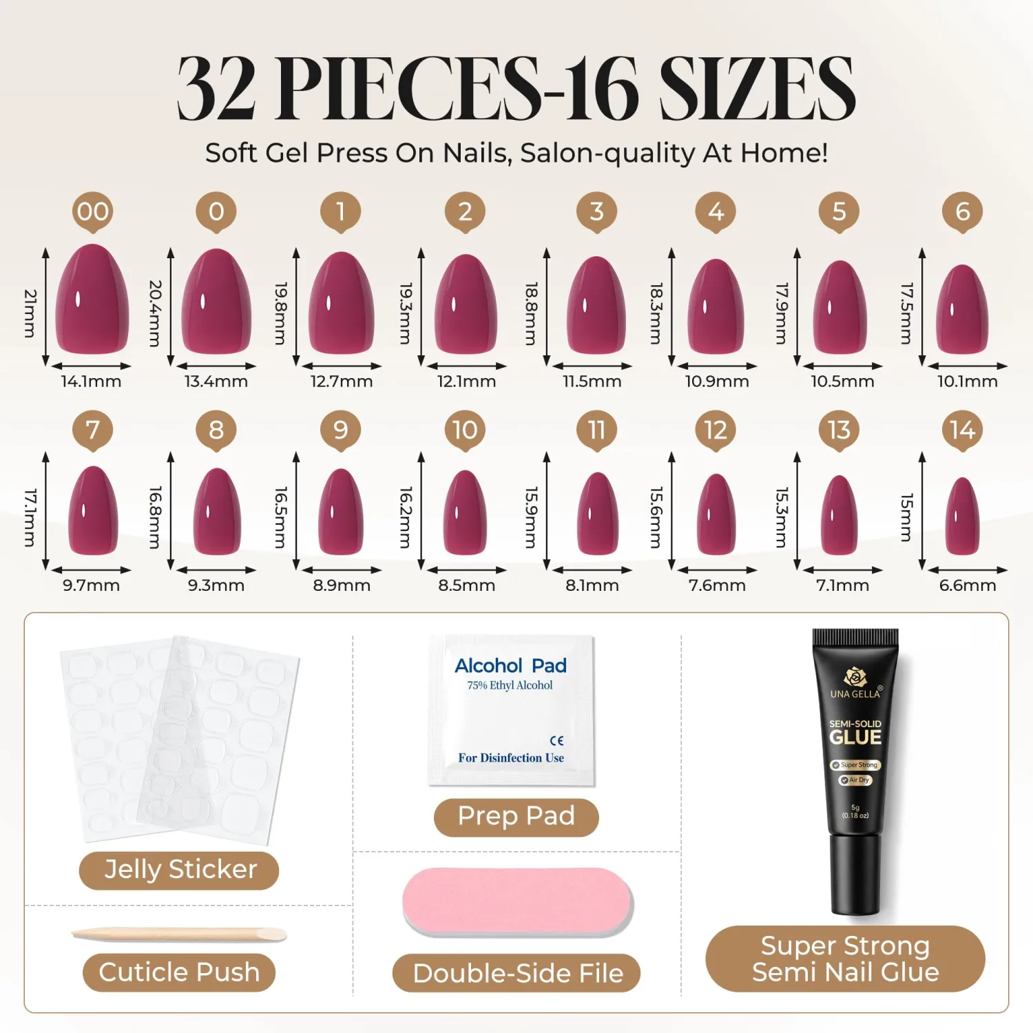 UNA GELLA Dusty Mauve Press On Nails Short Almond, 32 Pcs in 16 Sizes