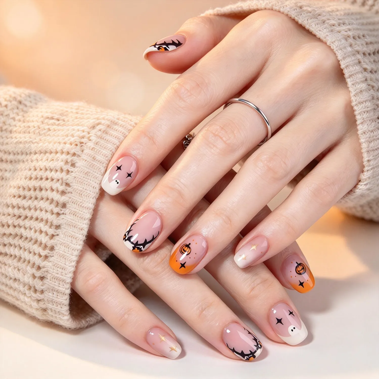 UNA GELLA Halloween Press on Nails Short Squoval Fake Nail Tiny Pumpkin Boo