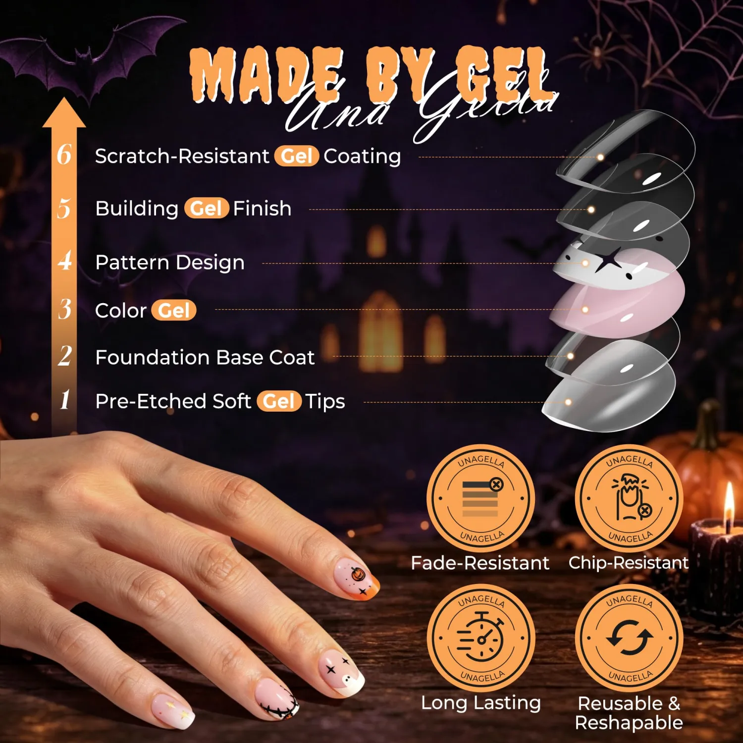 UNA GELLA Halloween Press on Nails Short Squoval Fake Nail Tiny Pumpkin Boo