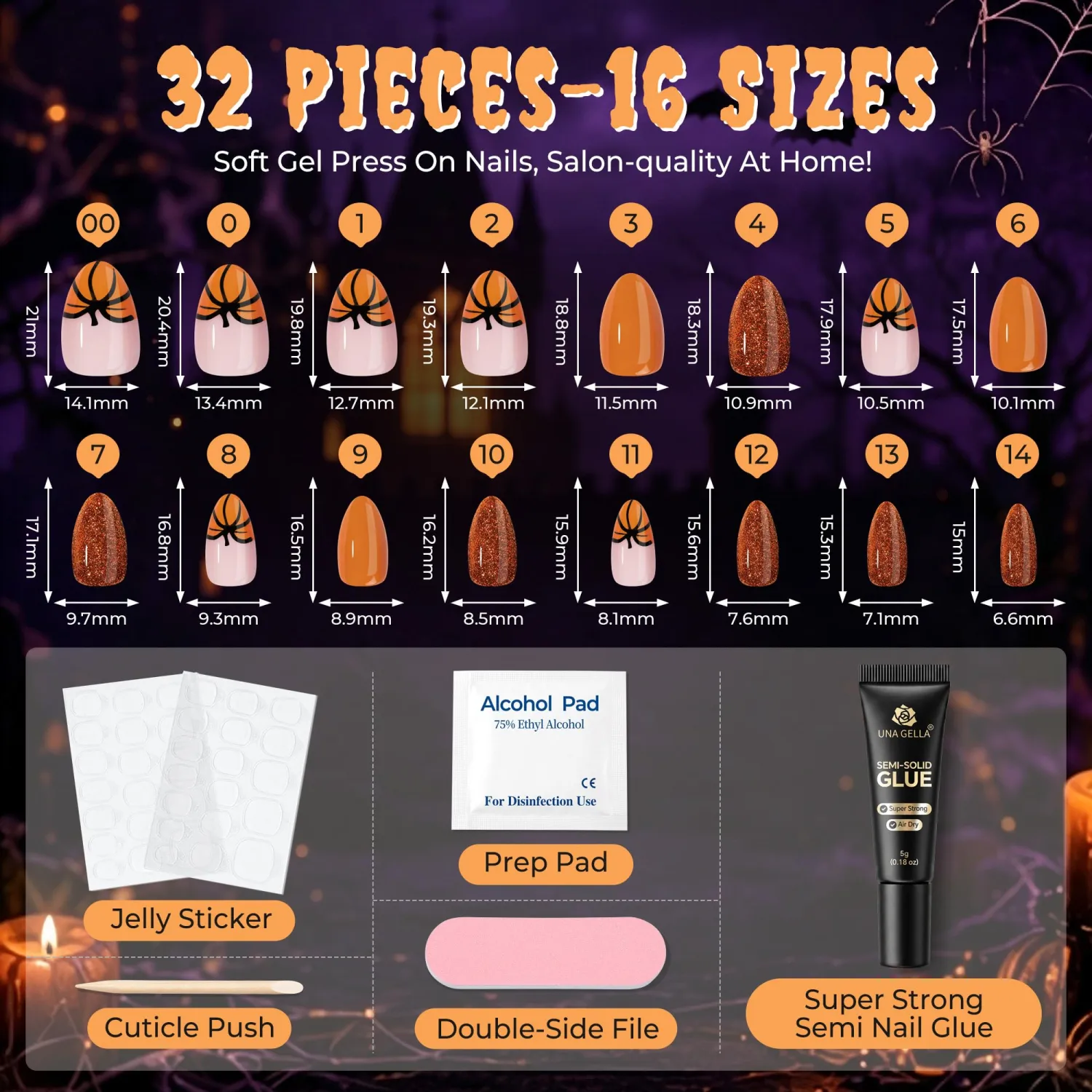 UNA GELLA Halloween Press On Nails Short Almond, 32Pcs Pumpkin Fake Nails Soft Gel Nail Tips Almond Shape in 16 Sizes with Semi Glue and Jelly Tabs, Orange Glitter Finish for Party Fall Manicures