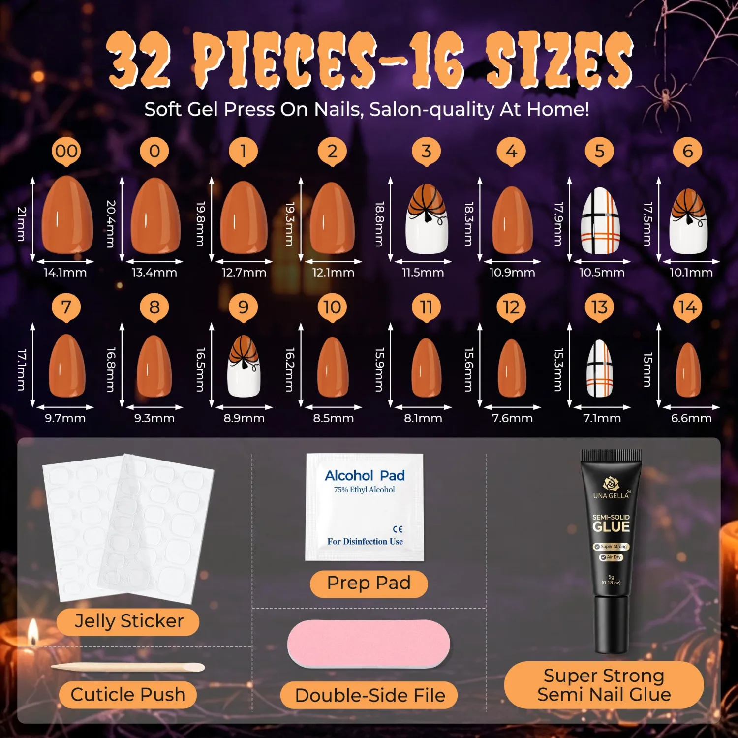 UNA GELLA Halloween Press On Nails Short Almond, 32Pcs Pumpkin Plaid Set
