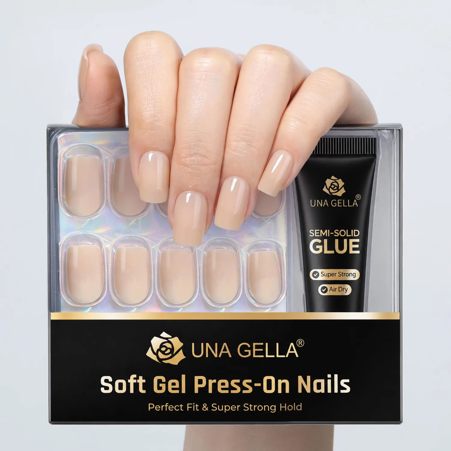 UNA GELLA Soft Gel Press On Nails Kit Short Square 32PCS Natural Nude