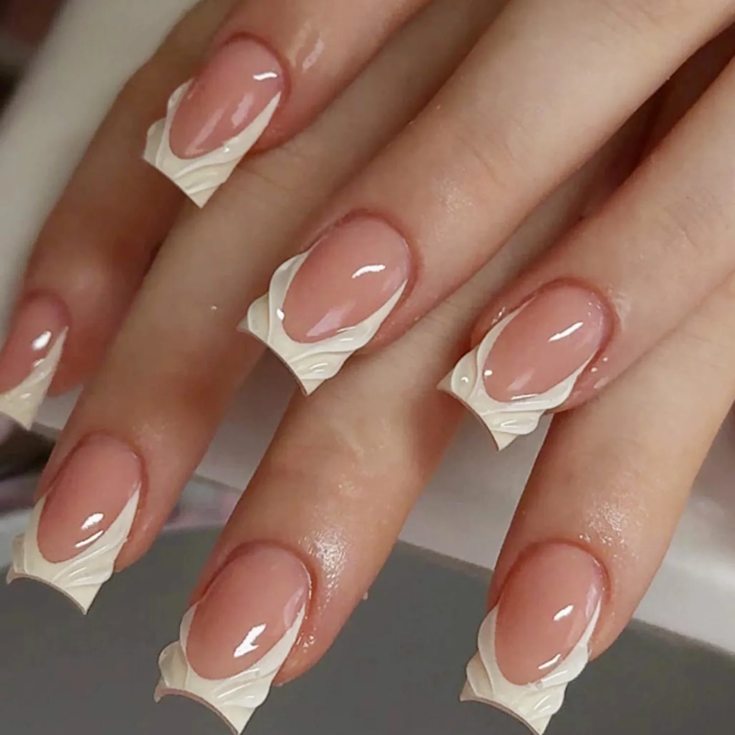 Hkanlre French Press on Nails Medium Square Fake Nails Tips Full Cover 3D False Nails for Women 24PCS