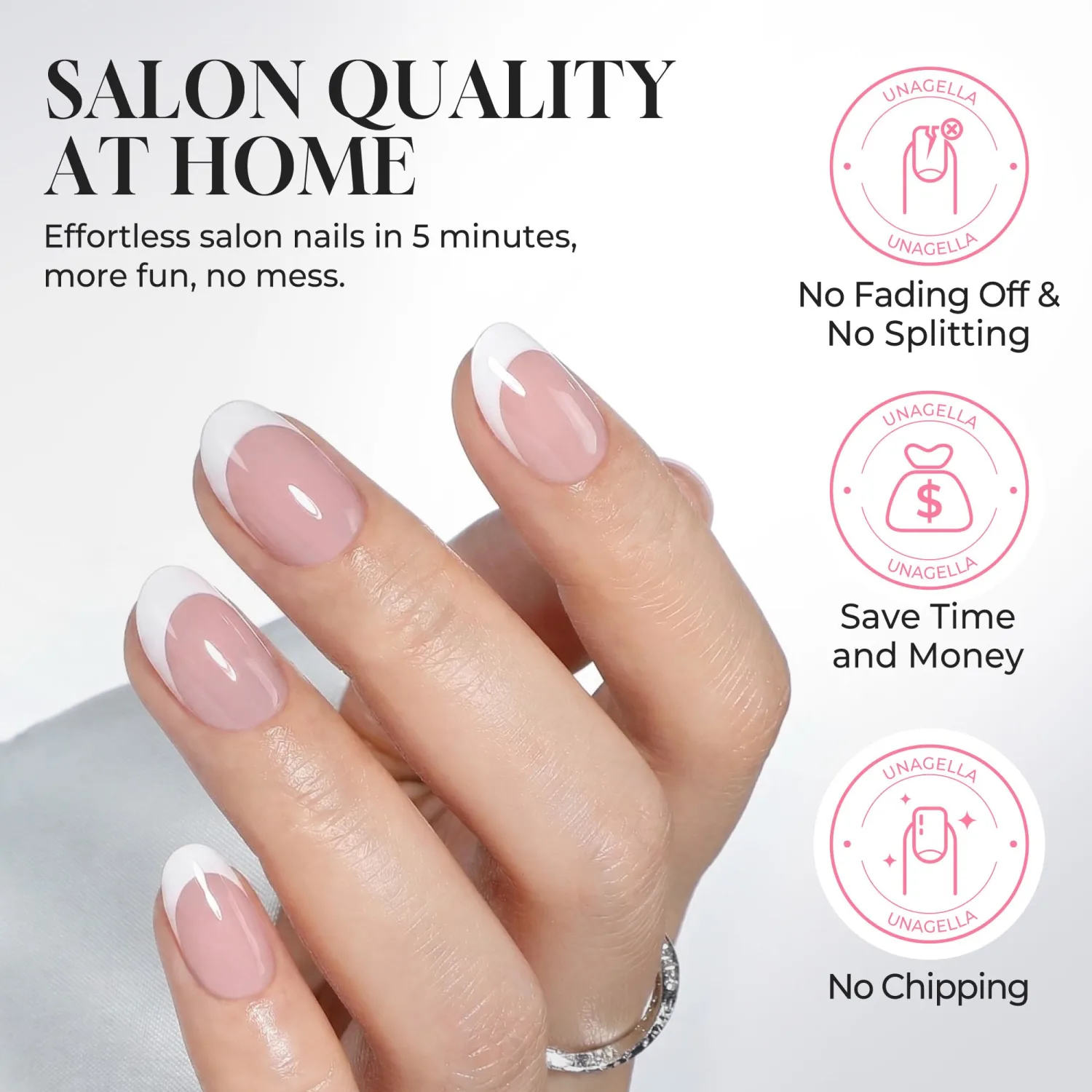 UNA GELLA Press on Nails, 32Pcs 16 Sizes Soft Gel Fake Nails for Women, Short Oval French Tip Reusable Glue on Nails with Adhesive Tabs, Full Cover False Nails for Daily Wear and Party