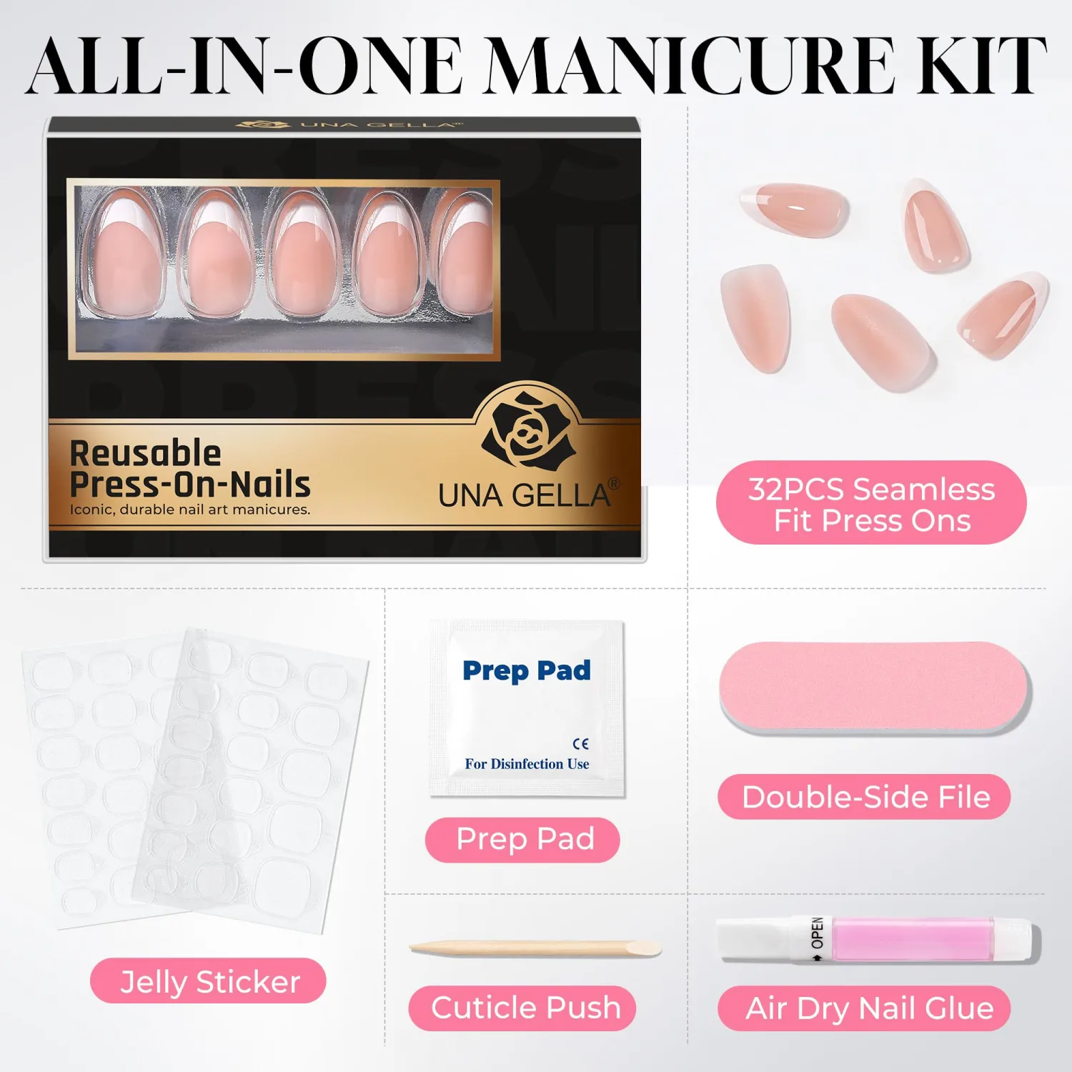 UNA GELLA Extra Short Squoval Press On Nails - 32Pcs 16 Sizes Baby Blue Pastel Blue Fake Nails Oval with Glue and Adhesive Tabs, Reusable Glue On Nails Kit for Women Manicure